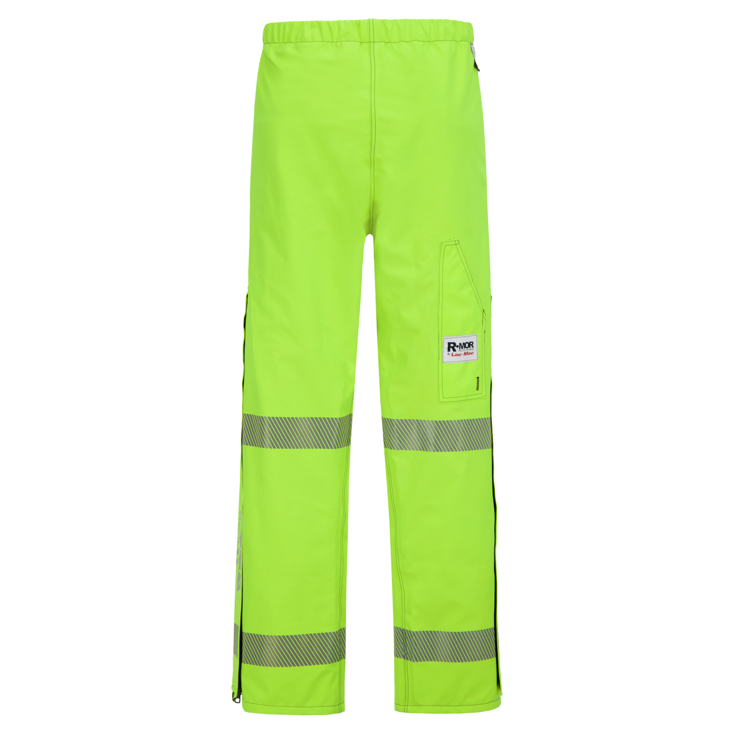 Lac-Mac, Limited's Pant, High-Visibility FR/ARC Rated, US Markings, Regular, 710F-AJ features bright high-visibility yellow-green pants with reflective tape around the lower legs and an elastic waistband. They come with a side pocket, a small logo patch, and FR ARC-Flash Rated protection perfect for PPE Category 3.