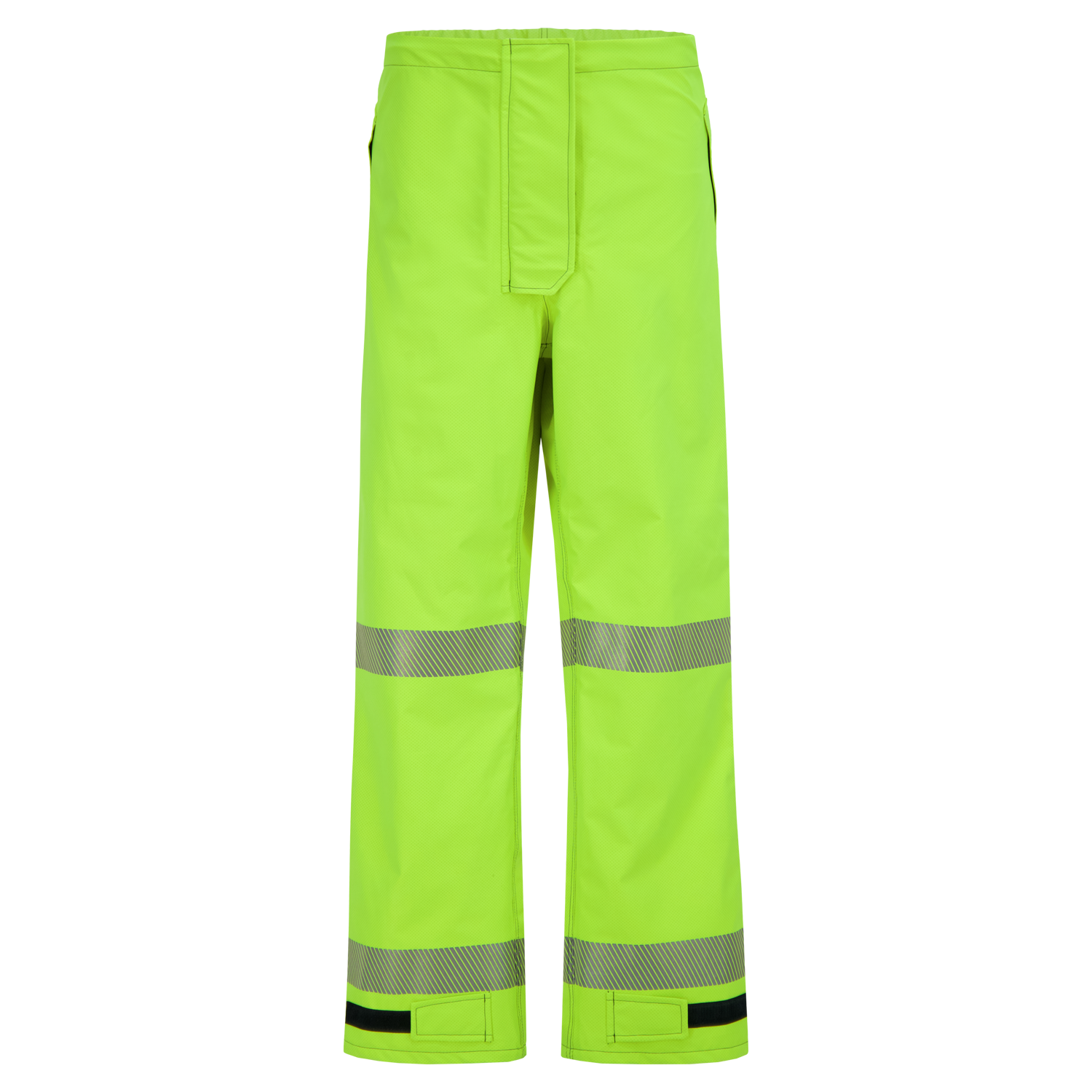 High-visibility yellow safety pants with reflective strips on the legs, featuring Velcro closures at the cuffs and FR ARC-flash rated for PPE Category 3 compliance can be replaced with Pant, High-Visibility FR/ARC Rated, US Markings, Regular, 710F-AJ by Lac-Mac, Limited.