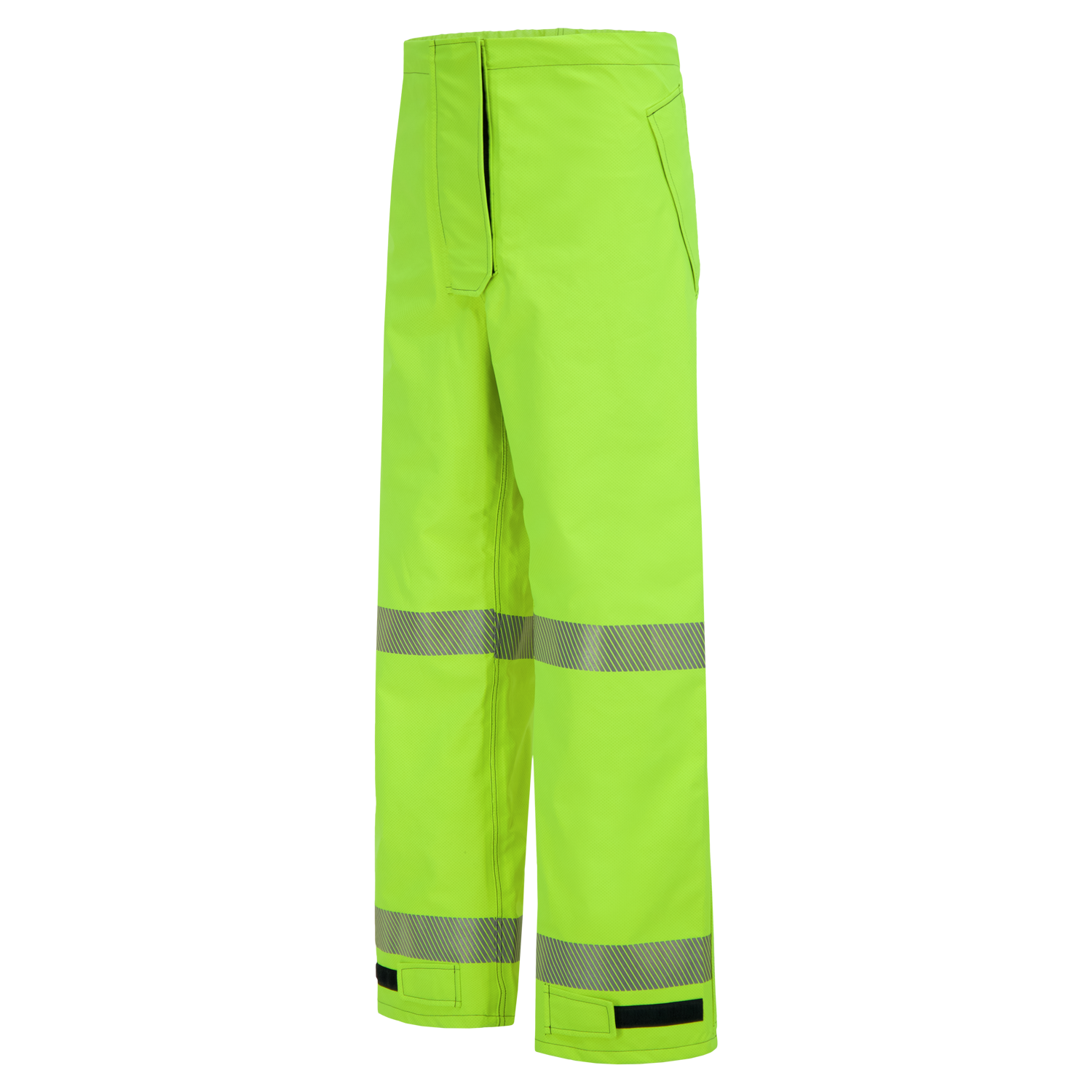 High-visibility yellow safety pants, Pant, High-Visibility FR/ARC Rated, US Markings, Regular, 710F-AJ by Lac-Mac, Limited, with reflective bands around the legs and pockets on the sides.