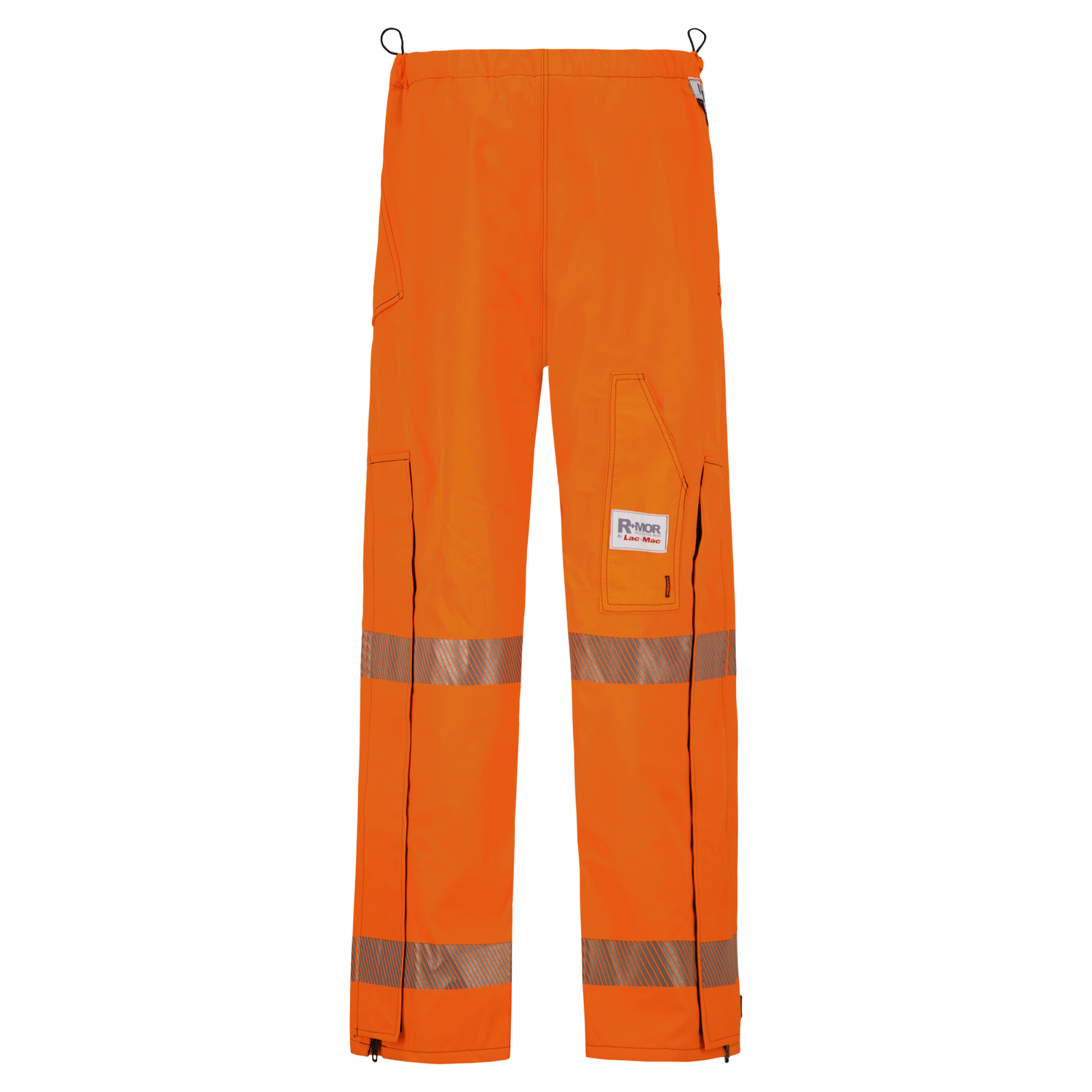 The Lac-Mac Women's Pant, High-Visibility FR/ARC Rated (710FWAC) features US markings, orange fabric with reflective silver stripes, multiple pockets, and black zipper cuffs—ideal PPE for women needing arc-flash protection.