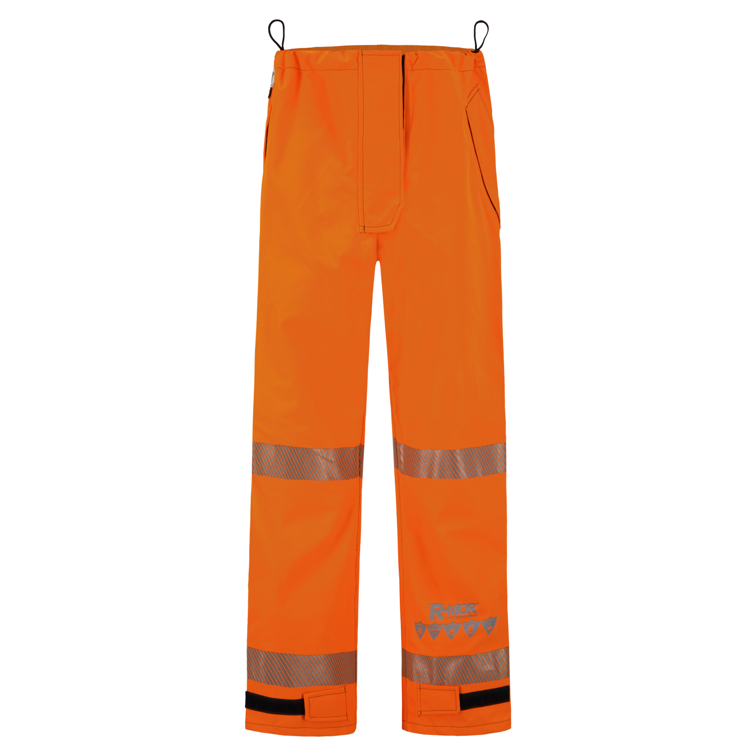 Bright Hi-Vis Orange waterproof Pant, High-Visibility FR/ARC Rated, US Markings, Regular, 710F-AJ with reflective bands around the legs and multiple pockets, featuring a Lac-Mac Limited logo. Made with durable GORE-TEX PYRAD Fabric for added protection.
