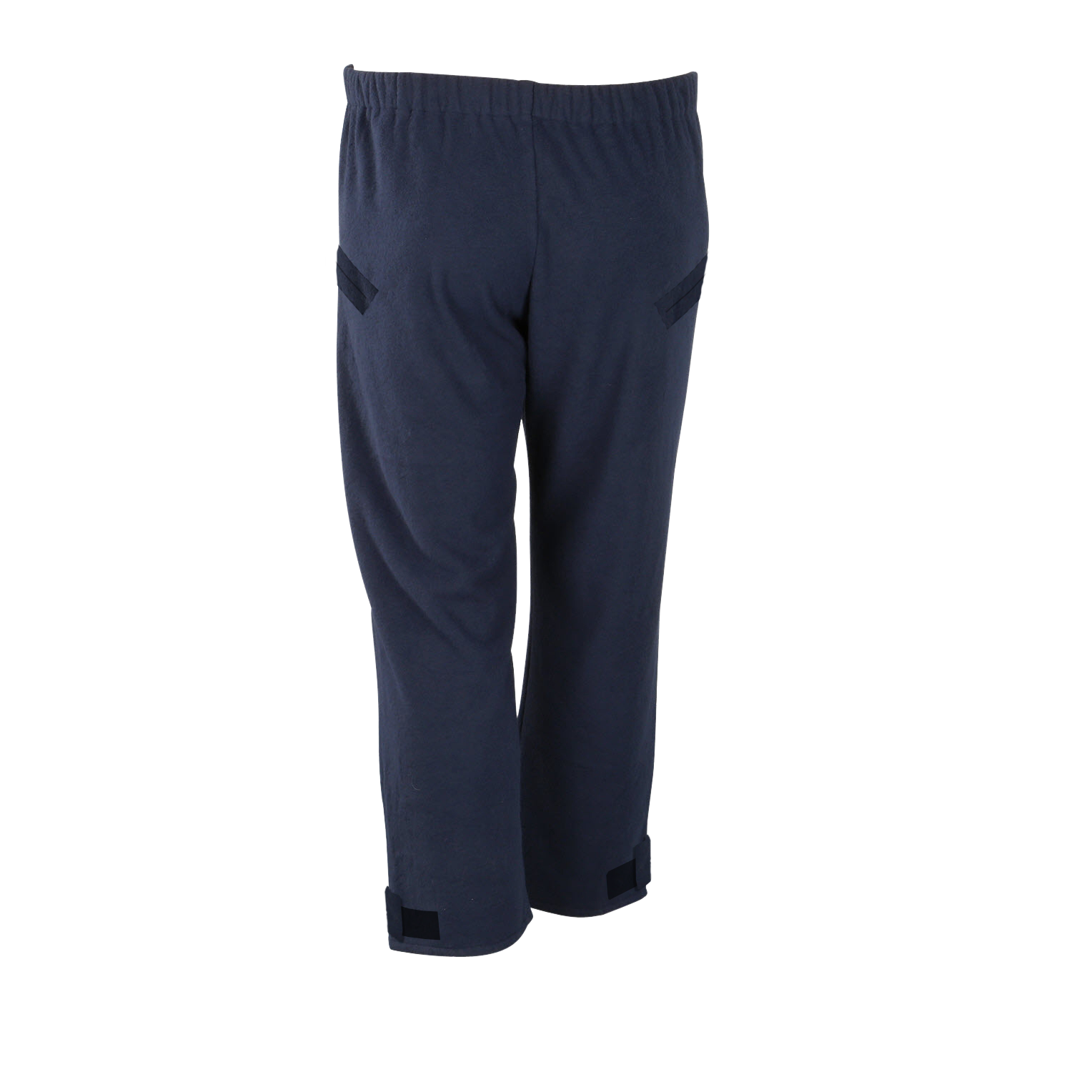 Back view of Lac-Mac Women's Fleece Pant Liner, Regular (710FWAL) in navy with an elastic waist and adjustable cuff straps, designed as women's protective wear, shown on a white background.