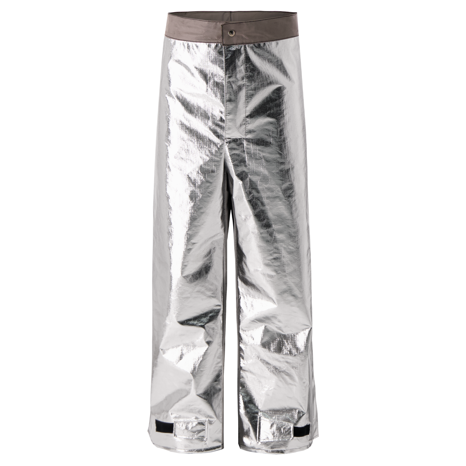 Front view of Lac-Mac Limited's Aluminized Protective Pant, 710MA: metallic silver, wide-leg design with dark waistband, button closure, reflective finish for molten and heat protection, and adjustable hem tabs.