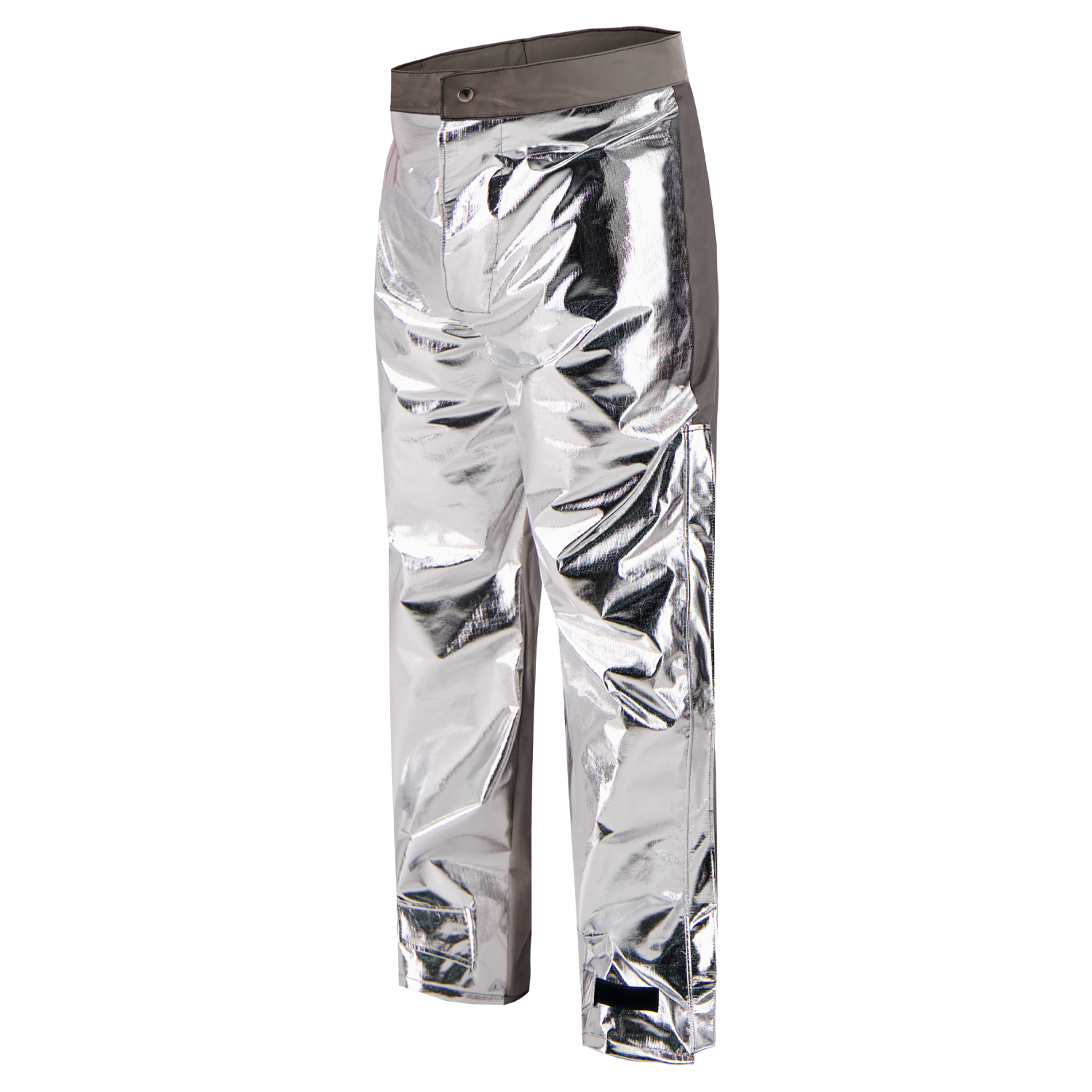 The Lac-Mac Aluminized Protective Pant 710MA, designed for molten and heat protection, features a metallic silver finish with button and zip closure and is displayed against a white background.