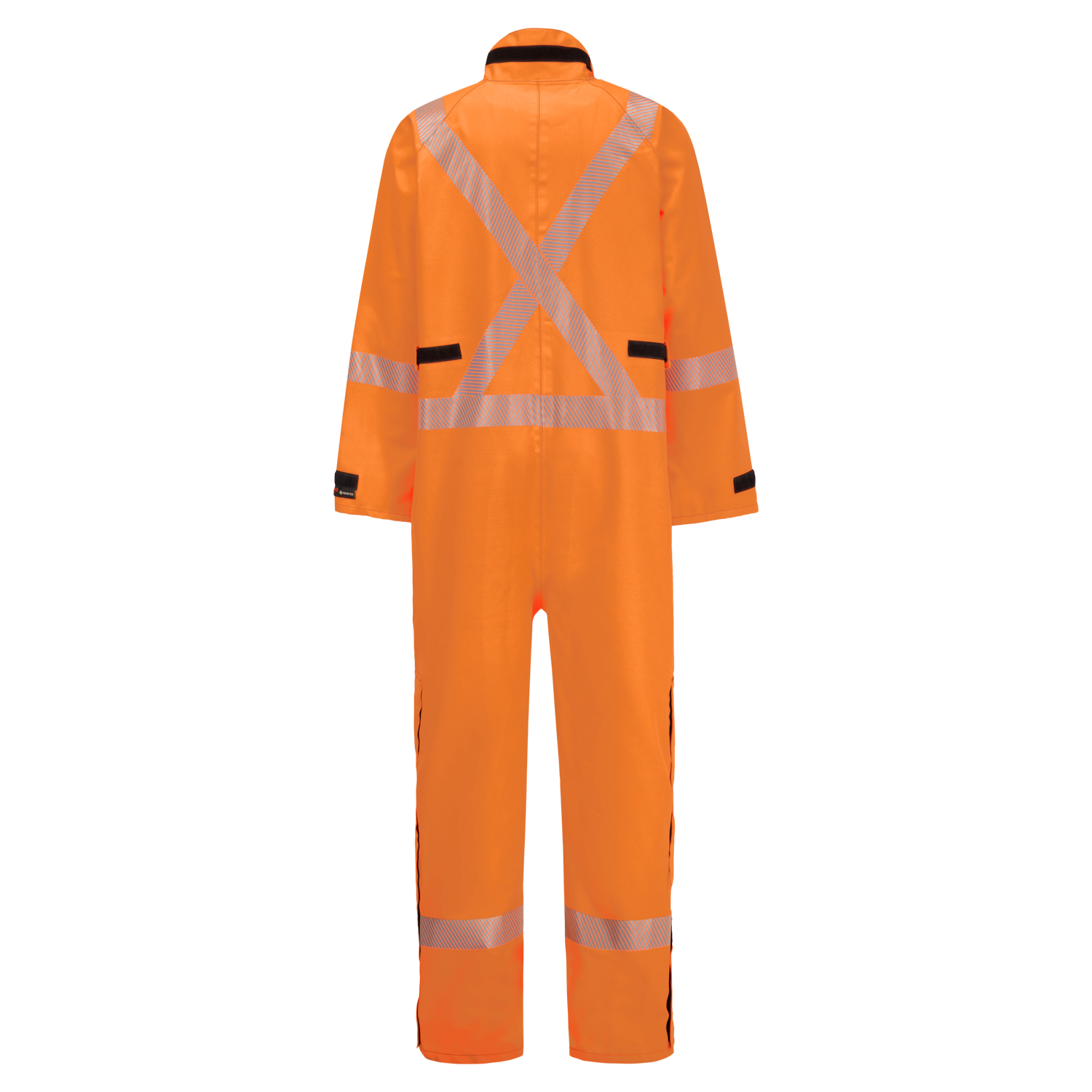 An orange coverall with reflective stripes across the back and sleeves, designed for high visibility. This High-Visibility Chemical Splash Protective Coverall, for non-flammable liquid chemical hazards, 763A-BB by Lac-Mac, Limited ensures safety in demanding conditions.