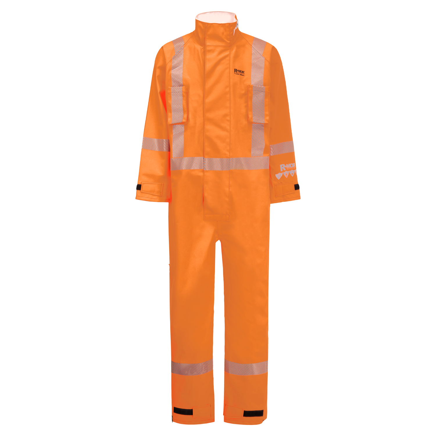 High-visibility texturized Lac-Mac, Limited High-Visibility Chemical Splash Protective Coverall, for non-flammable liquid chemical hazards, 763A-BB in bright orange, featuring reflective strips, long sleeves, and a front zipper closure. NFPA 1990 Certified for chemical splash protection.