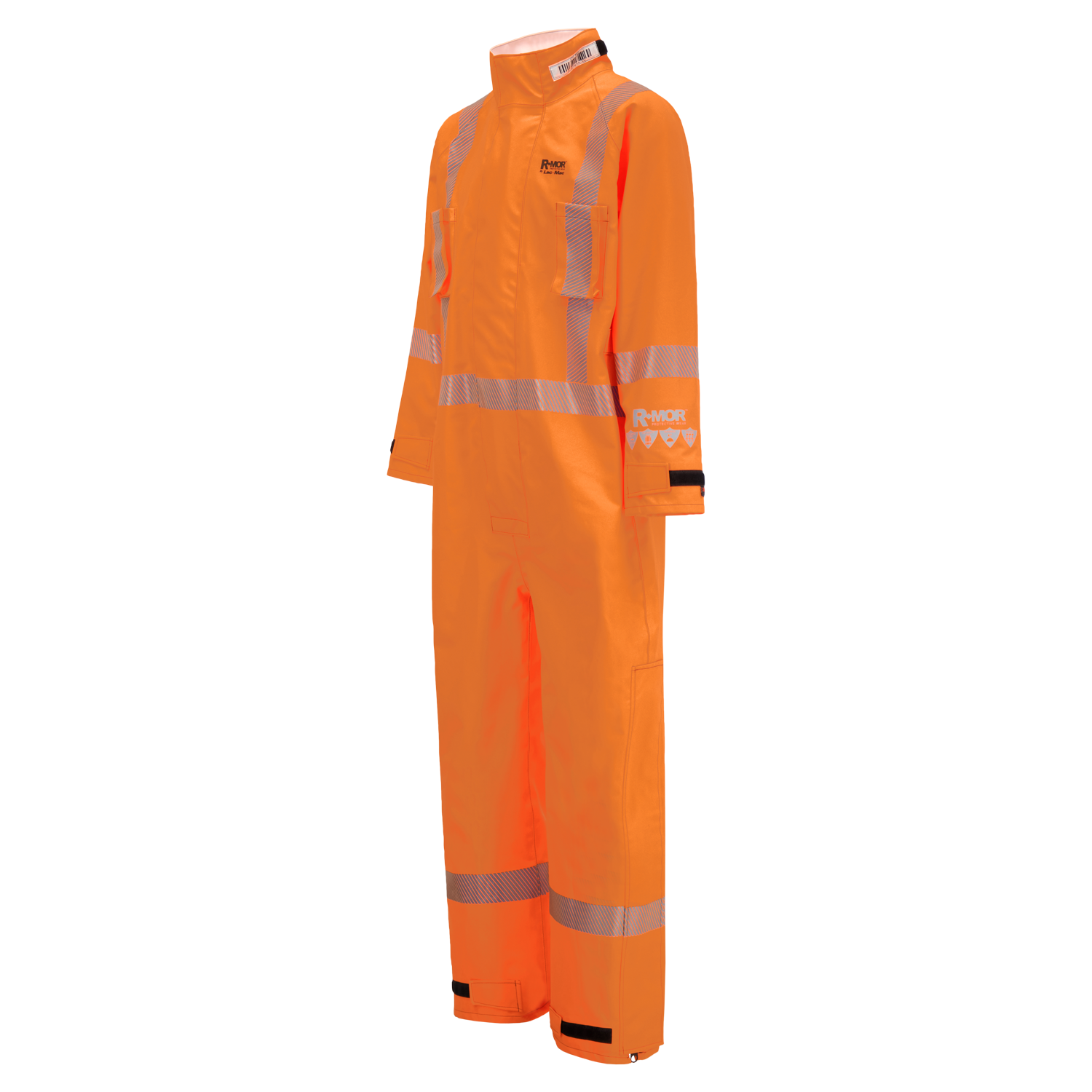 A bright orange Lac-Mac, Limited High-Visibility Chemical Splash Protective Coverall, for non-flammable liquid chemical hazards, 763A-BB with reflective stripes on the chest, arms, and legs. It has long sleeves, a high collar, and is designed for visibility in hazardous work environments. Made from High-Visibility Texturized GORE-TEX for added protection.