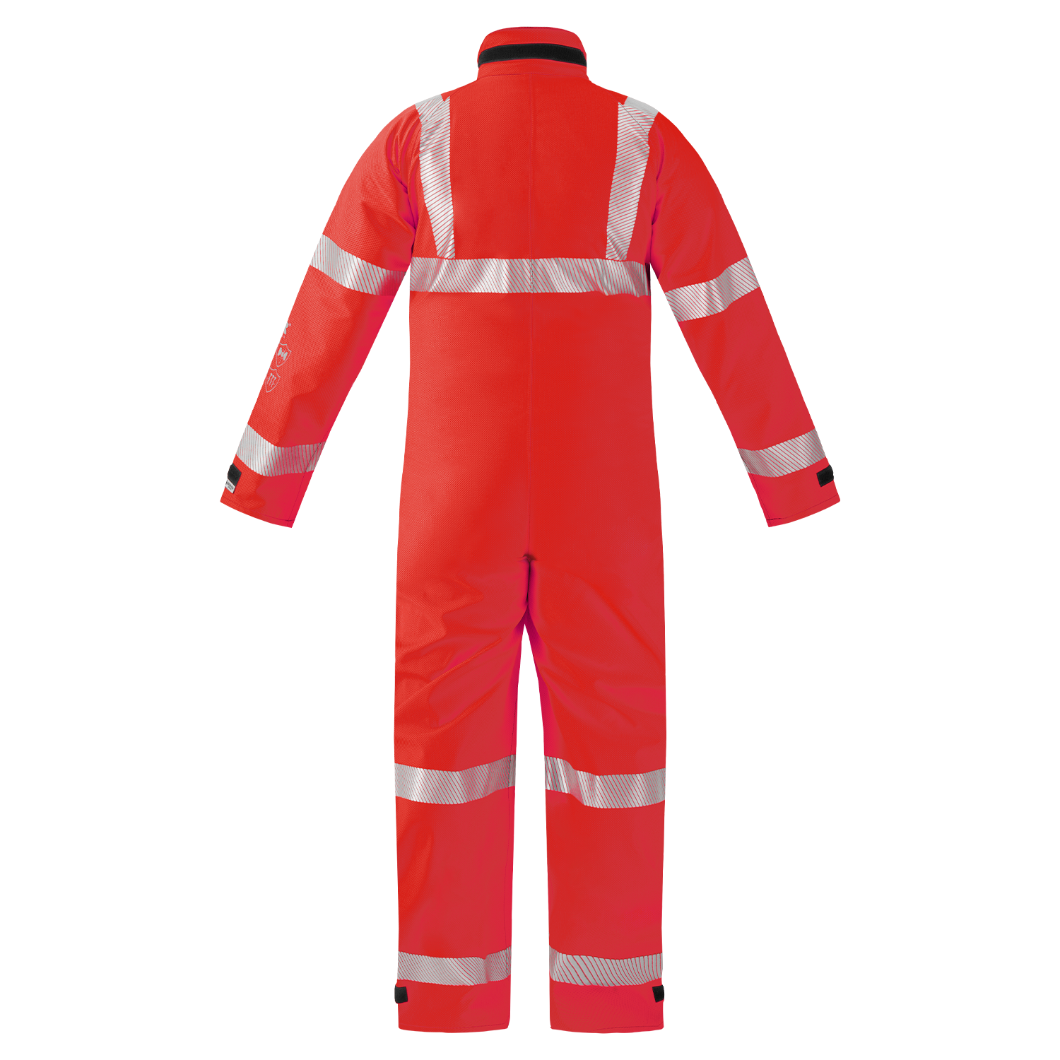 The Lac-Mac Chemical Splash Protective Coverall 763A-BH protects against non-flammable liquid chemical hazards. Shown from the back in red GORE-TEX® fabric with silver reflective stripes for high visibility, safety, and durability.