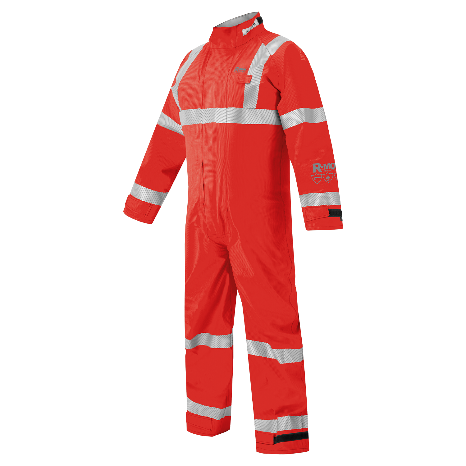 The Lac-Mac Chemical Splash Protective Coverall 763A-BH shields against non-flammable liquid chemicals and features reflective stripes, a front zipper, and GORE-TEX® chemical splash fabric.