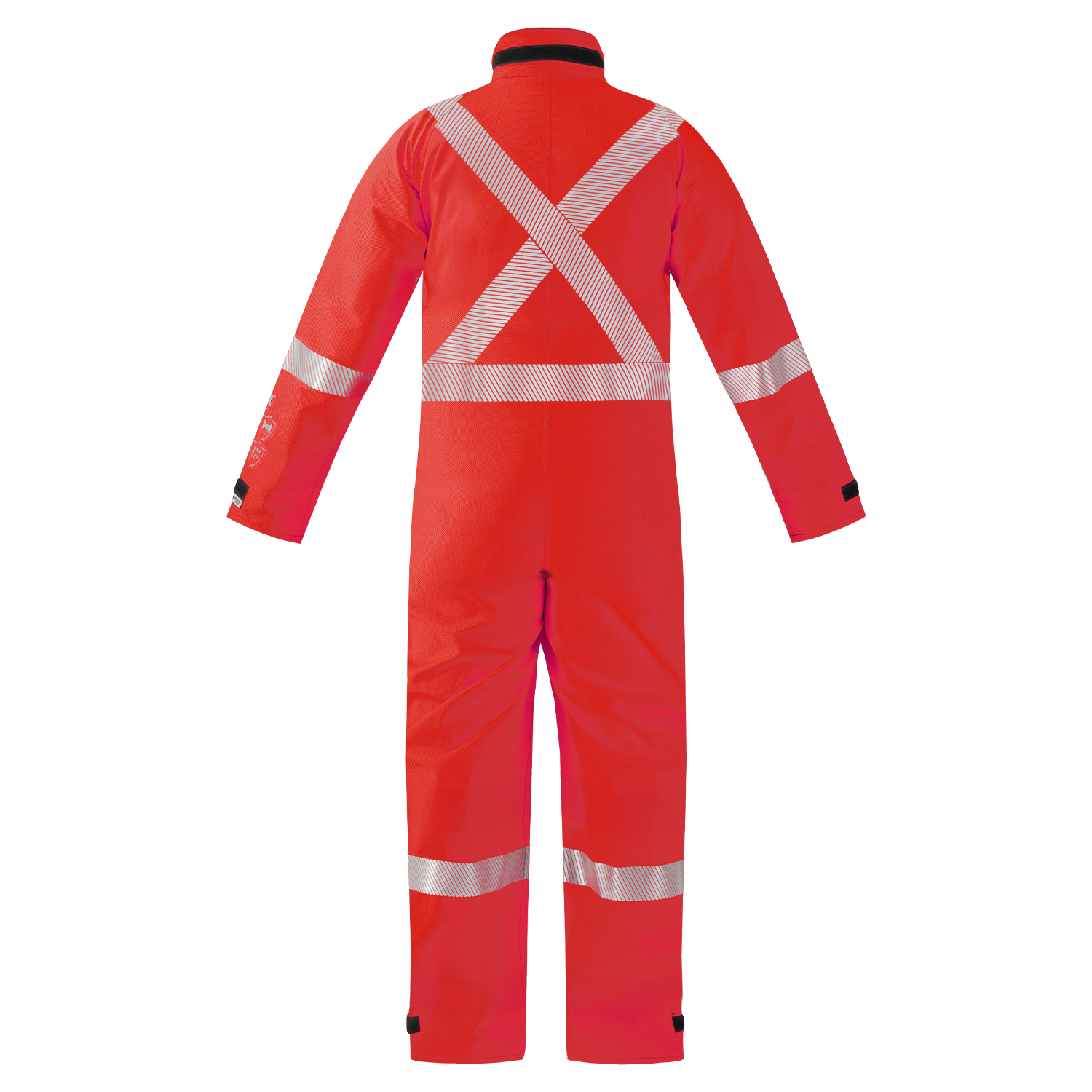 The image shows the Lac-Mac Chemical Splash Protective Coverall (763A-BJ) for non-flammable liquid hazards, featuring reflective silver stripes on the back, arms, and legs, displayed from the rear against a white background.