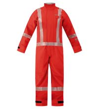 The Lac-Mac Chemical Splash Protective Coverall 763A-BJ features reflective stripes, long sleeves, front zipper, and adjustable cuffs. Designed for safety or industrial use against non-flammable liquid chemical hazards.