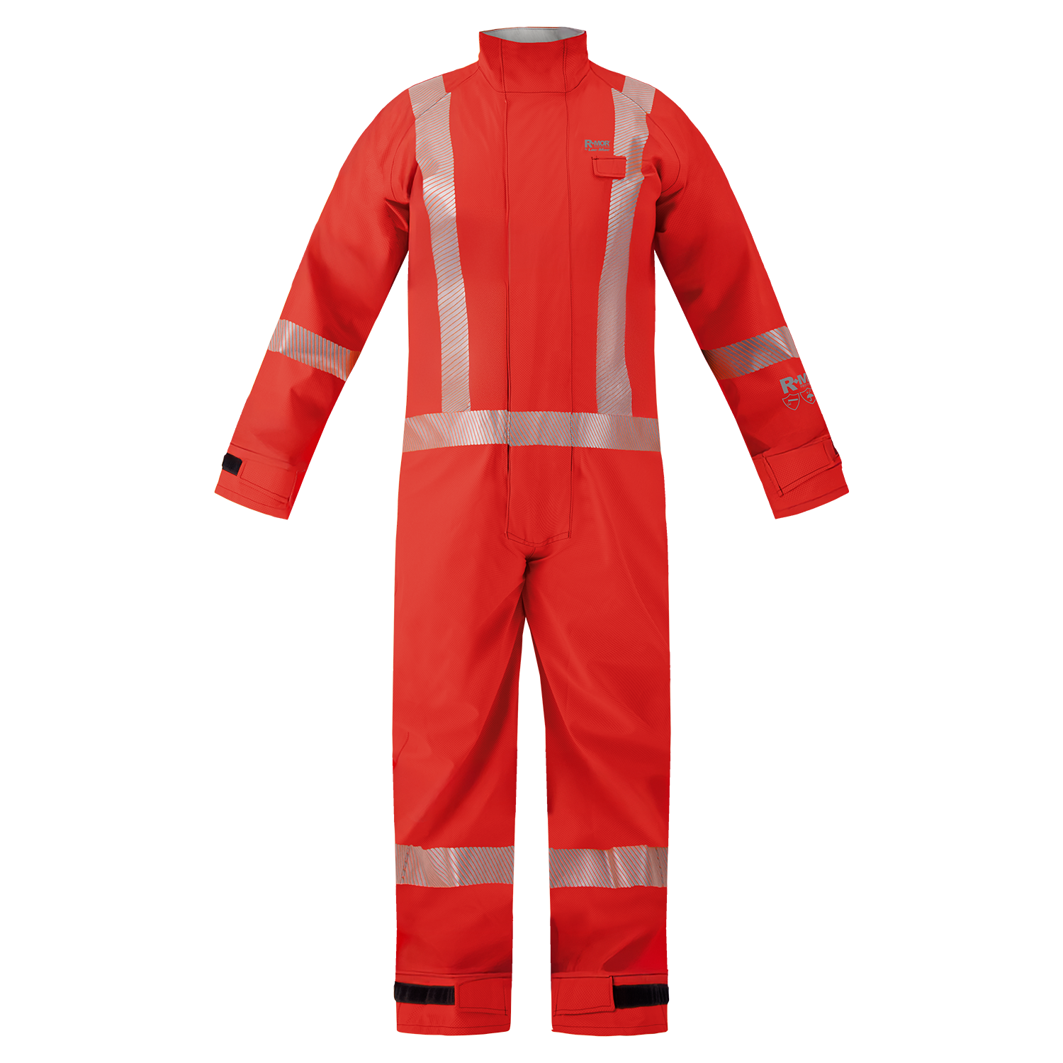 The Lac-Mac Chemical Splash Protective Coverall 763A-BJ features reflective stripes, long sleeves, front zipper, and adjustable cuffs. Designed for safety or industrial use against non-flammable liquid chemical hazards.