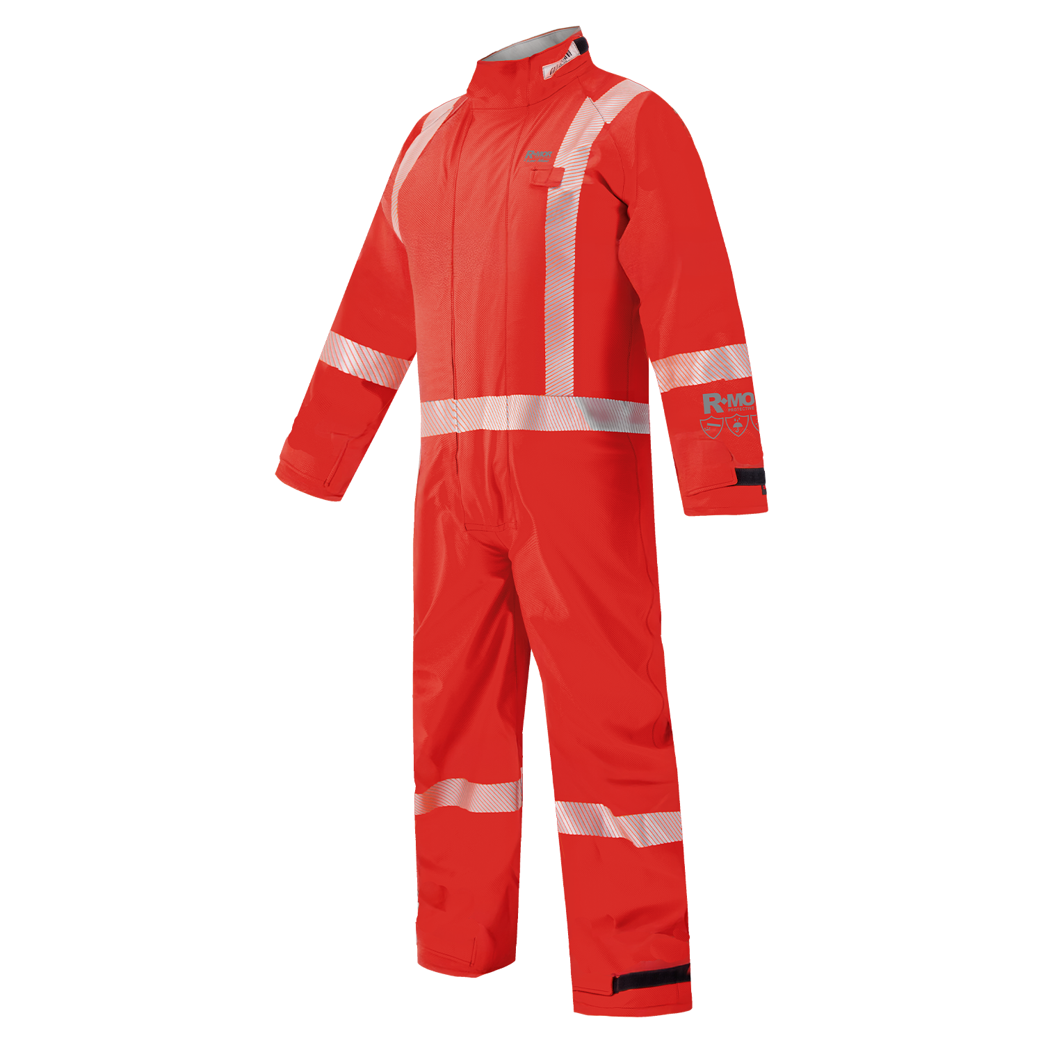 The Lac-Mac Chemical Splash Protective Coverall 763A-BJ is a red suit with white reflective stripes, crafted for non-flammable liquid chemical hazards from durable splash-resistant fabric.