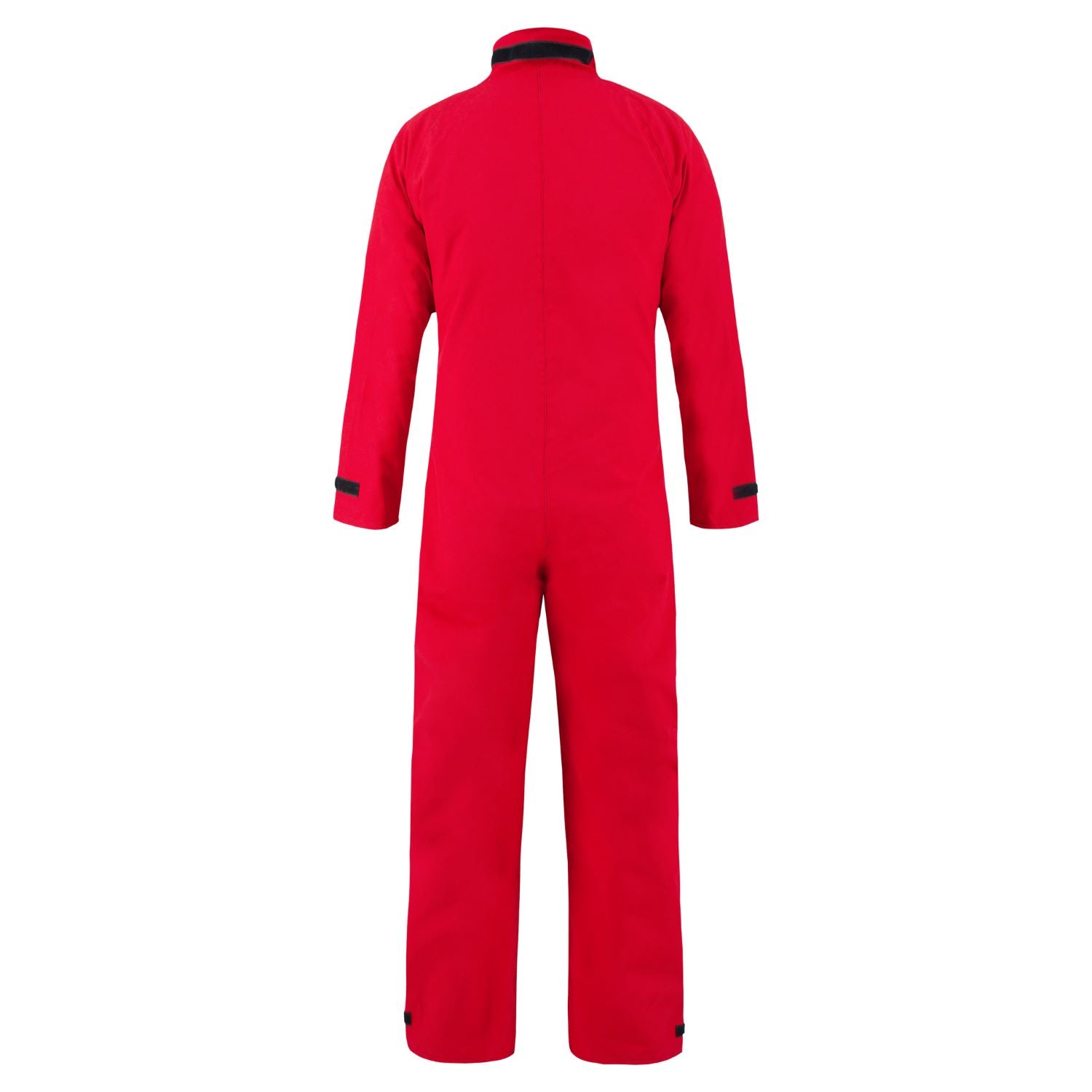 A red, full-body Chemical Splash Protective Coverall, for non-flammable liquid chemical hazards, 763A made from GORE-TEX® Chemical Splash Fabric with long sleeves and black trim at the cuffs and neck, viewed from the back. This product is manufactured by Lac-Mac, Limited.