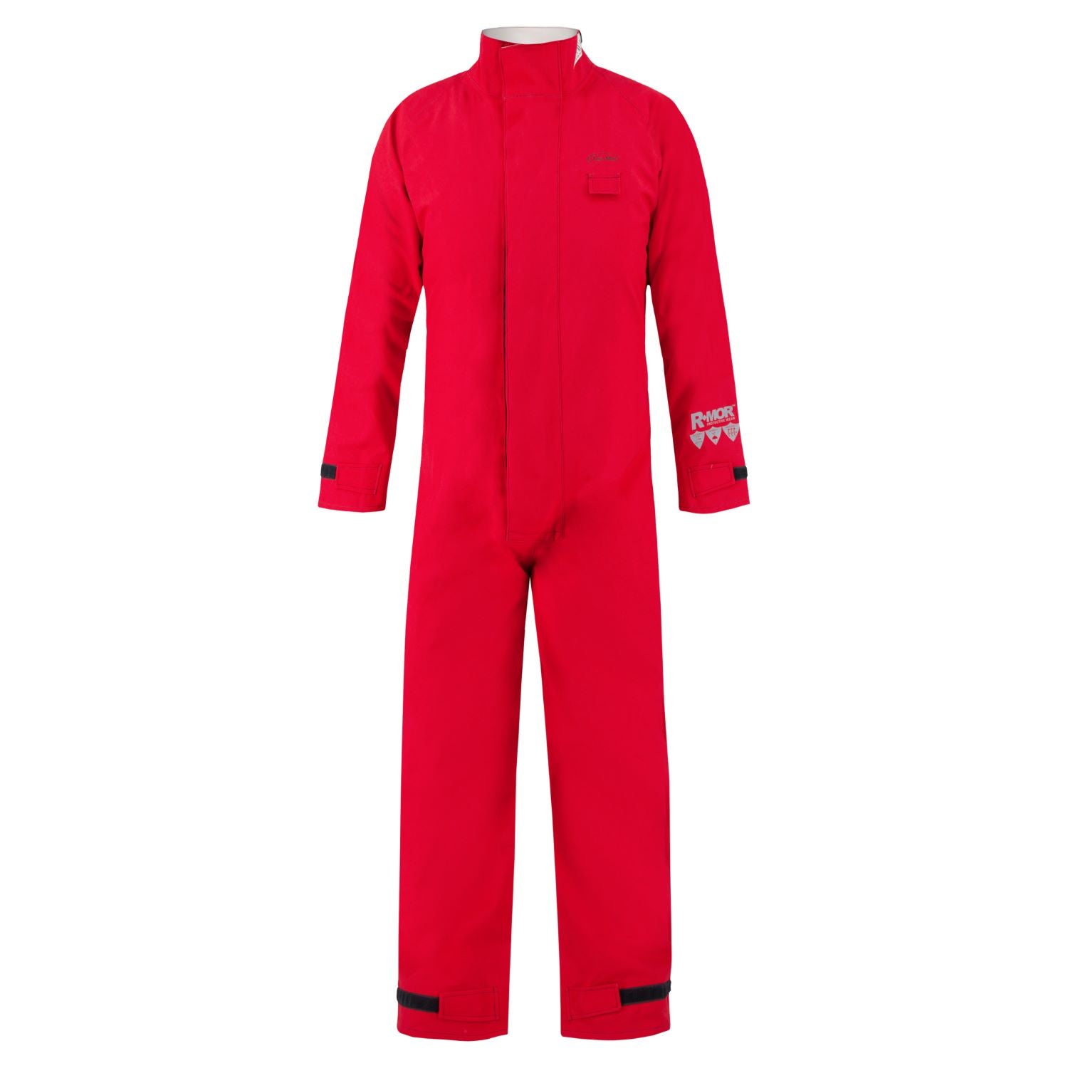 A full-length red coverall with long sleeves, a high neck collar, and front-facing zipper. Made from GORE-TEX® Chemical Splash Fabric, the cuff and ankle areas feature adjustable Velcro straps for superior fit. NFPA 1990 Certified for liquid chemical splash protection. Introducing the Lac-Mac, Limited Chemical Splash Protective Coverall for non-flammable liquid chemical hazards, 763A.