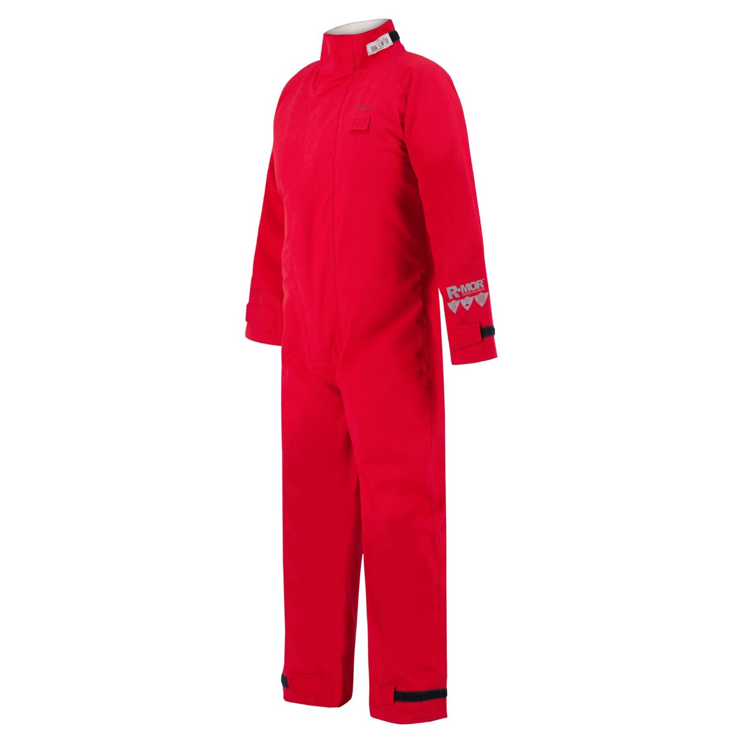 A red, full-body racing suit with long sleeves and Velcro closures on the cuffs and ankles. The suit features a high collar and a small branded patch on the right sleeve, constructed from GORE-TEX® Chemical Splash Fabric for added protection. This is the Lac-Mac, Limited Chemical Splash Protective Coverall, for non-flammable liquid chemical hazards, 763A.