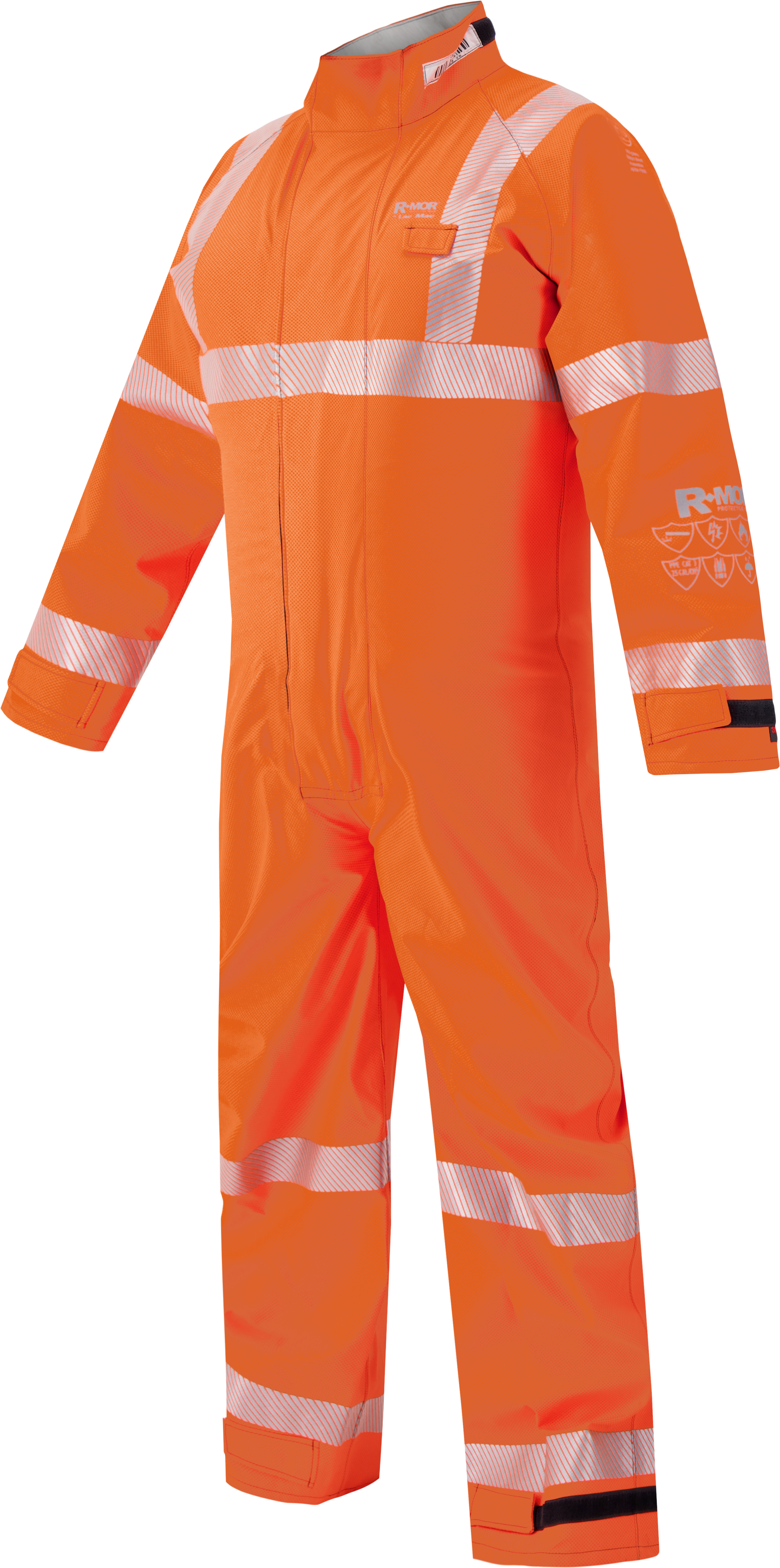 The Lac-Mac Chemical Splash Protective Coverall 763A-BH safeguards against non-flammable liquid chemical hazards with reflective stripes, front zipper, Velcro cuffs, and chest pocket for high-visibility work safety.