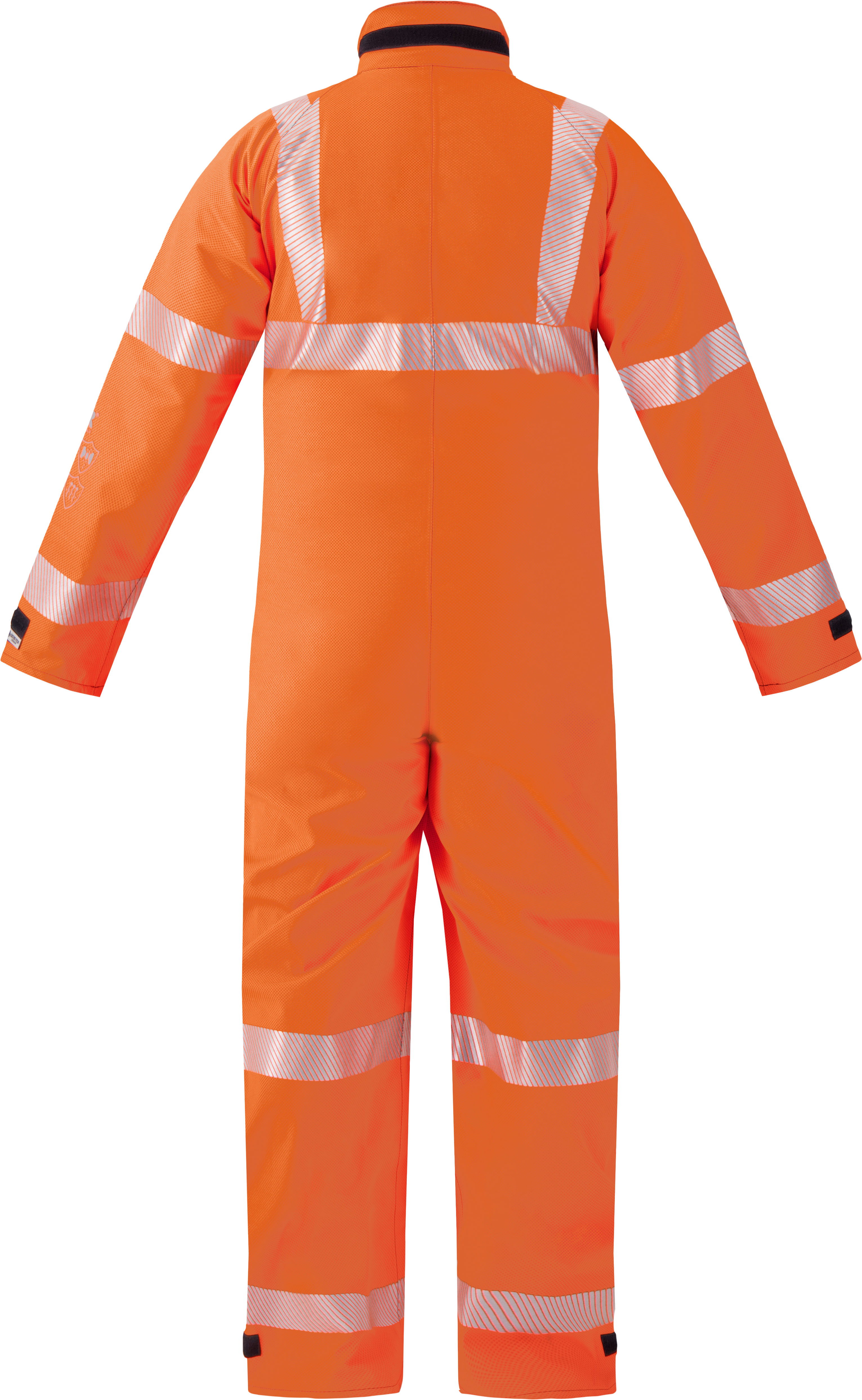 Back view of the Lac-Mac Chemical Splash Protective Coverall 763A-BH in orange with silver reflective stripes; NFPA 1990 certified for protection against non-flammable liquid chemical hazards.