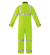 The Lac-Mac High-Visibility Multi-Haz Protective Coverall, model 763ZABH, for flammable liquid chemical hazards, features a yellow design with reflective silver stripes and is shown from the back against a plain background.