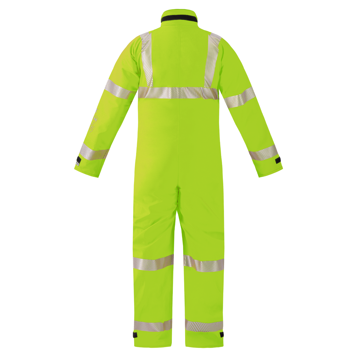 The Lac-Mac High-Visibility Multi-Haz Protective Coverall, model 763ZABH, for flammable liquid chemical hazards, features a yellow design with reflective silver stripes and is shown from the back against a plain background.