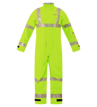 The Lac-Mac High-Visibility Multi-Haz Protective Coverall, model 763ZABH, for flammable liquid chemical hazards, features bright yellow-green fabric and reflective silver stripes on arms, chest, waist, and legs. Displayed on a plain white background.