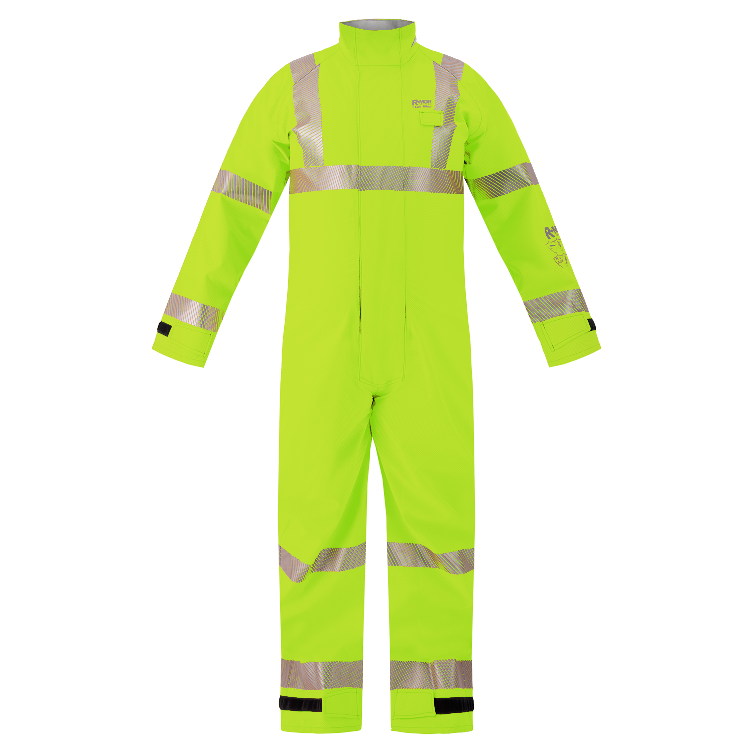 The Lac-Mac High-Visibility Multi-Haz Protective Coverall, model 763ZABH, for flammable liquid chemical hazards, features bright yellow-green fabric and reflective silver stripes on arms, chest, waist, and legs. Displayed on a plain white background.