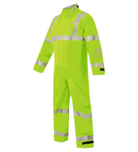 The Lac-Mac High-Visibility Multi-Haz Protective Coverall, 763ZABH, for flammable liquid chemical hazards, is neon yellow-green with reflective silver stripes on arms, legs, chest, and shoulders, shown on a white background.