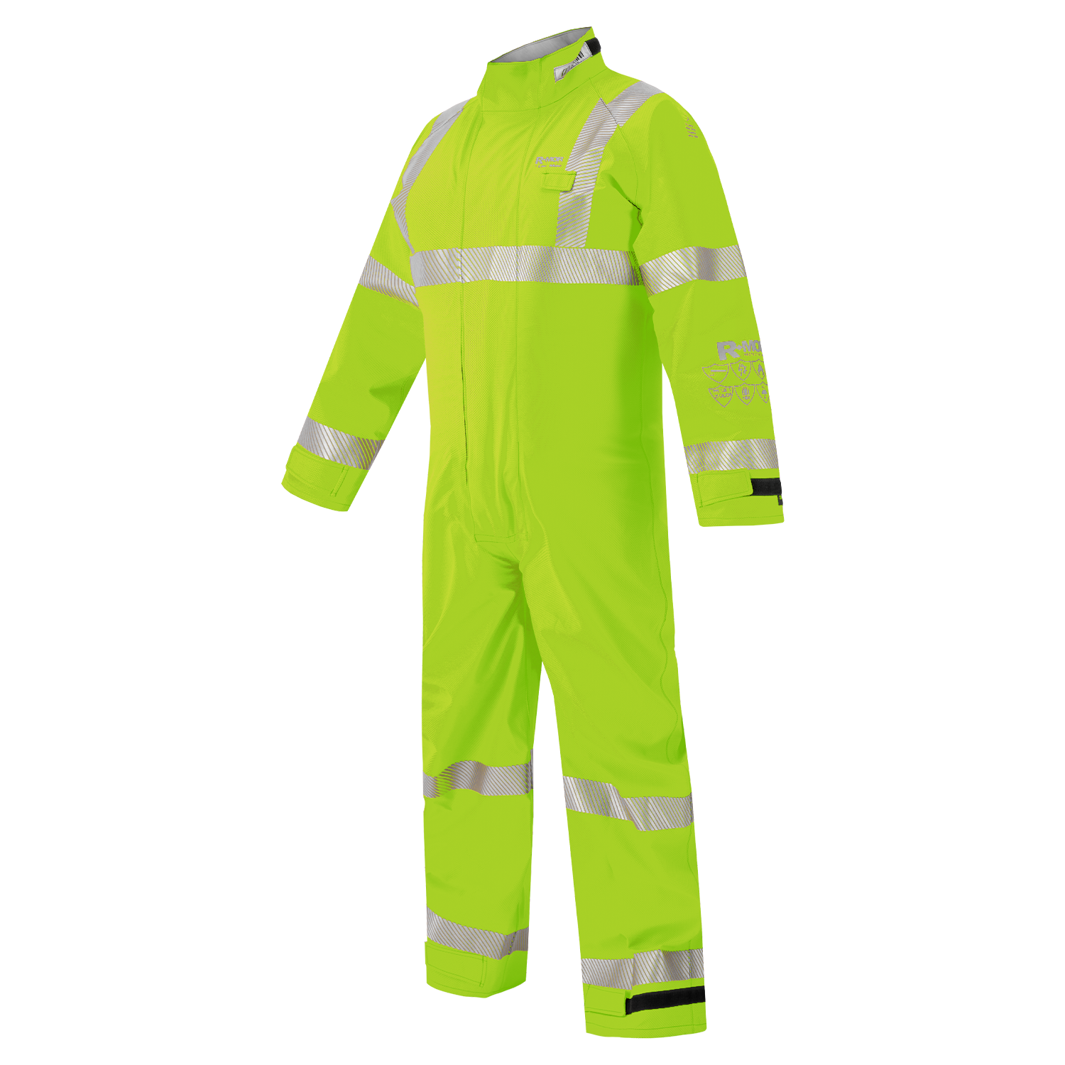 The Lac-Mac High-Visibility Multi-Haz Protective Coverall, 763ZABH, for flammable liquid chemical hazards, is neon yellow-green with reflective silver stripes on arms, legs, chest, and shoulders, shown on a white background.
