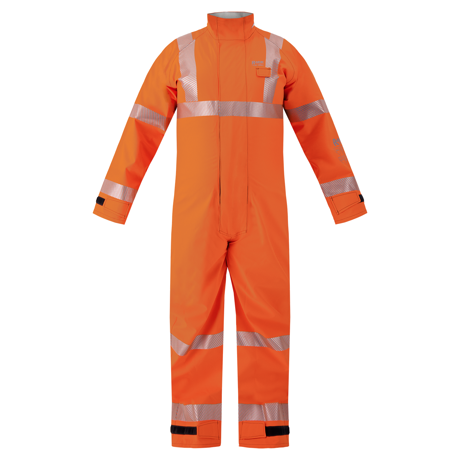 The Lac-Mac High-Visibility Multi-Haz Protective Coverall (763ZABH), designed for flammable liquid chemical hazards, is bright orange with reflective silver stripes on the chest, arms, and legs, shown against a plain white background.