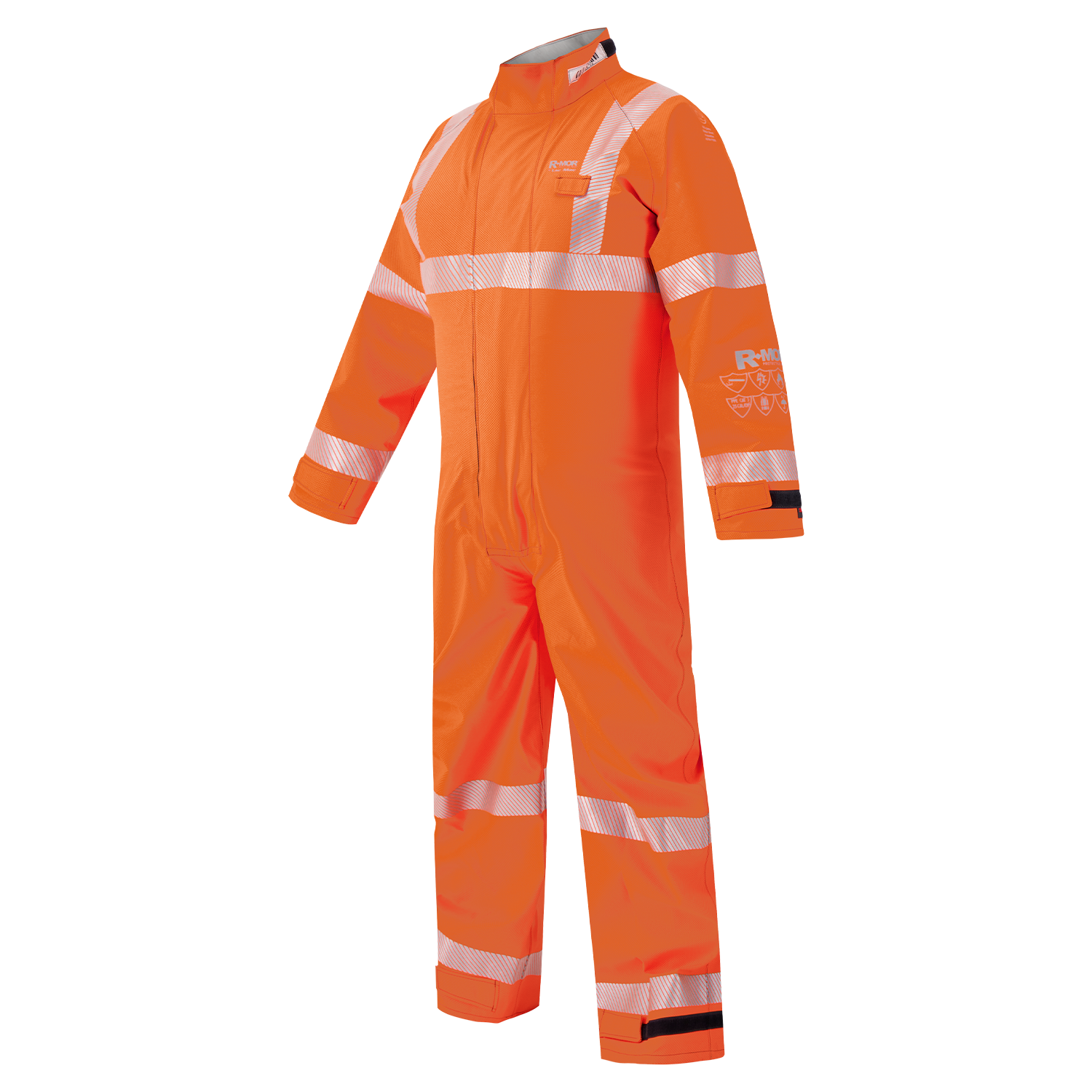 The Lac-Mac High-Visibility Multi-Haz Protective Coverall 763ZABH offers bright orange flame resistance and reflective stripes for industrial safety against flammable liquid chemical hazards.