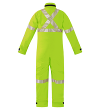 Lac-Mac, Limited High-Visibility Multi-Haz Protective Coverall (763ZABJ) for flammable liquid chemical hazards in yellow with X-pattern reflective silver stripes, shown on a plain background.