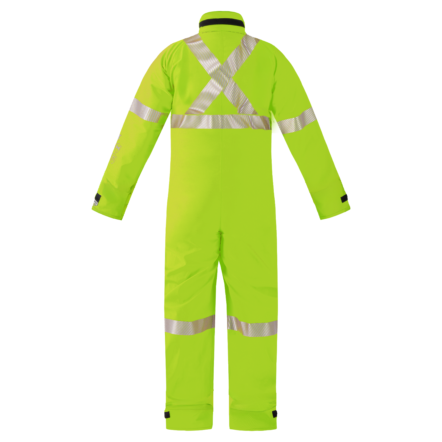 Lac-Mac, Limited High-Visibility Multi-Haz Protective Coverall (763ZABJ) for flammable liquid chemical hazards in yellow with X-pattern reflective silver stripes, shown on a plain background.