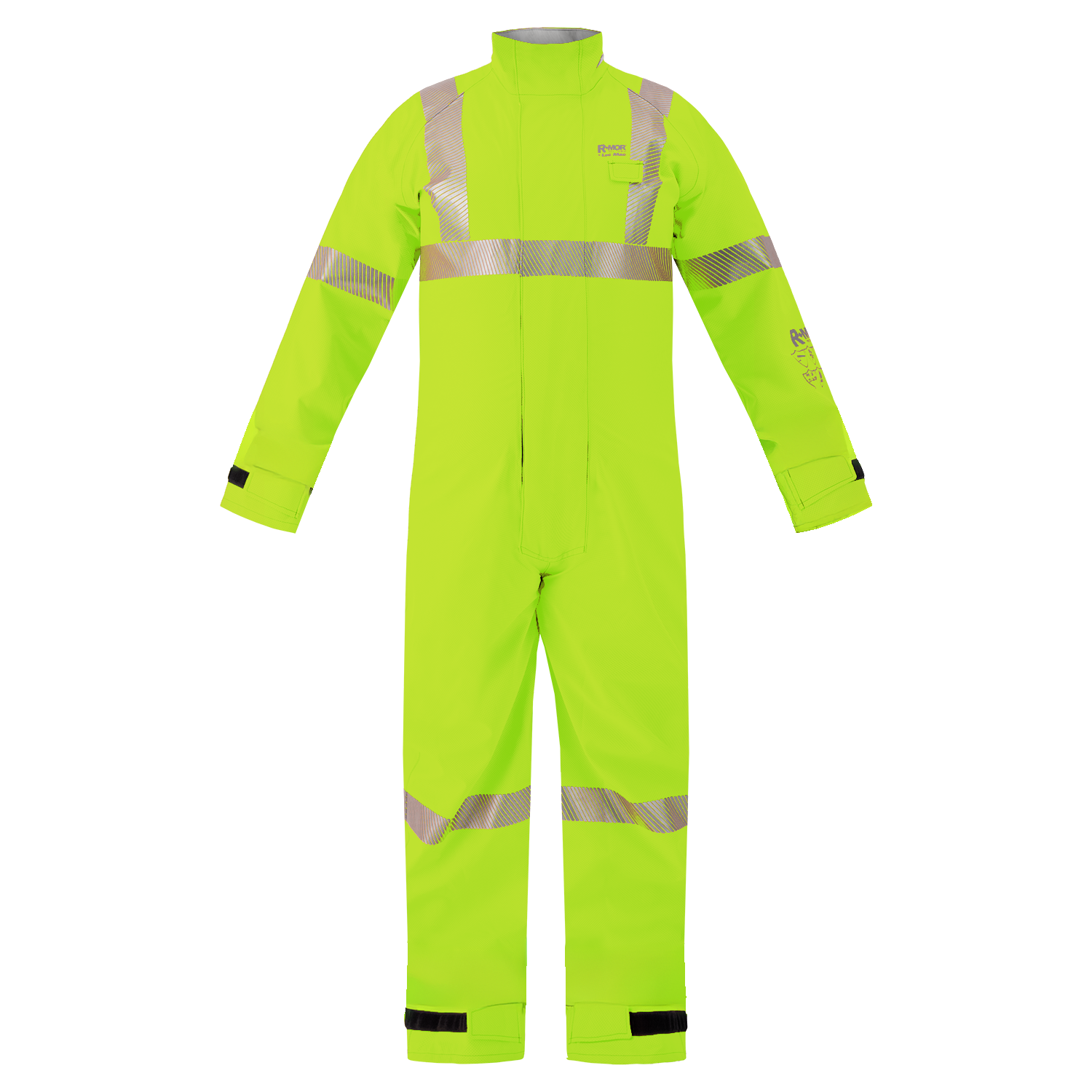 The Lac-Mac High-Visibility Multi-Haz Protective Coverall, model 763ZABJ, for flammable liquid chemical hazards, features a yellow flame-resistant design with reflective stripes on arms, chest, and legs, shown on a plain white background.