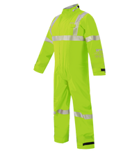 The Lac-Mac High-Visibility Multi-Haz Protective Coverall 763ZABJ is neon yellow-green with silver reflective stripes on the arms, chest, waist, and legs, shown against a plain white background; suitable for flammable liquid chemical hazards.