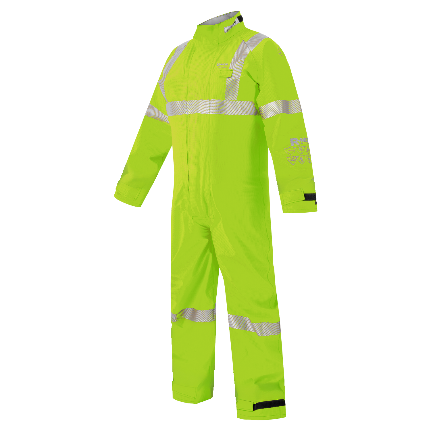 The Lac-Mac High-Visibility Multi-Haz Protective Coverall 763ZABJ is neon yellow-green with silver reflective stripes on the arms, chest, waist, and legs, shown against a plain white background; suitable for flammable liquid chemical hazards.