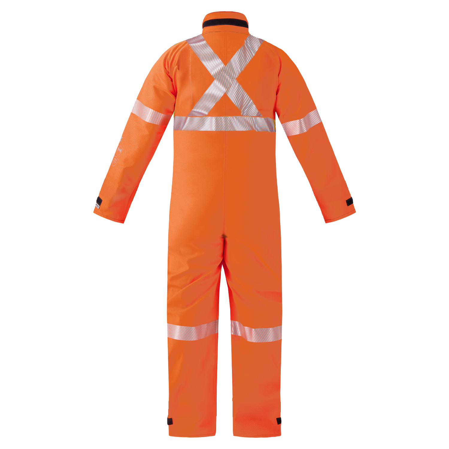 Back view of the Lac-Mac High-Visibility Multi-Haz Protective Coverall (763ZABJ) in orange, featuring silver reflective stripes on arms, legs, chest, waist, and an "X" on the upper back; suitable for flammable liquid chemical hazards.