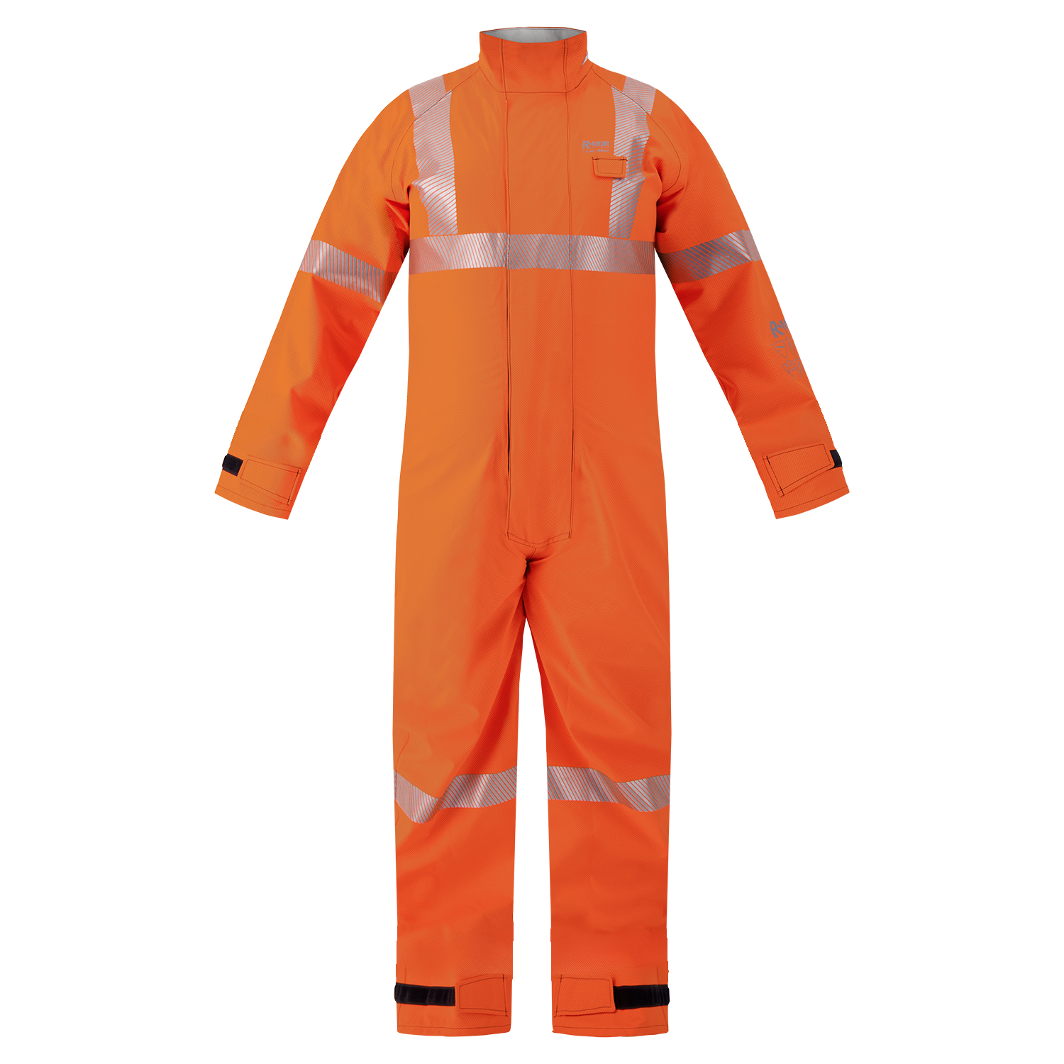 The Lac-Mac High-Visibility Multi-Haz Protective Coverall (763ZABJ) for flammable liquid chemical hazards is shown on a plain white background, featuring reflective stripes for enhanced visibility and flame resistance.