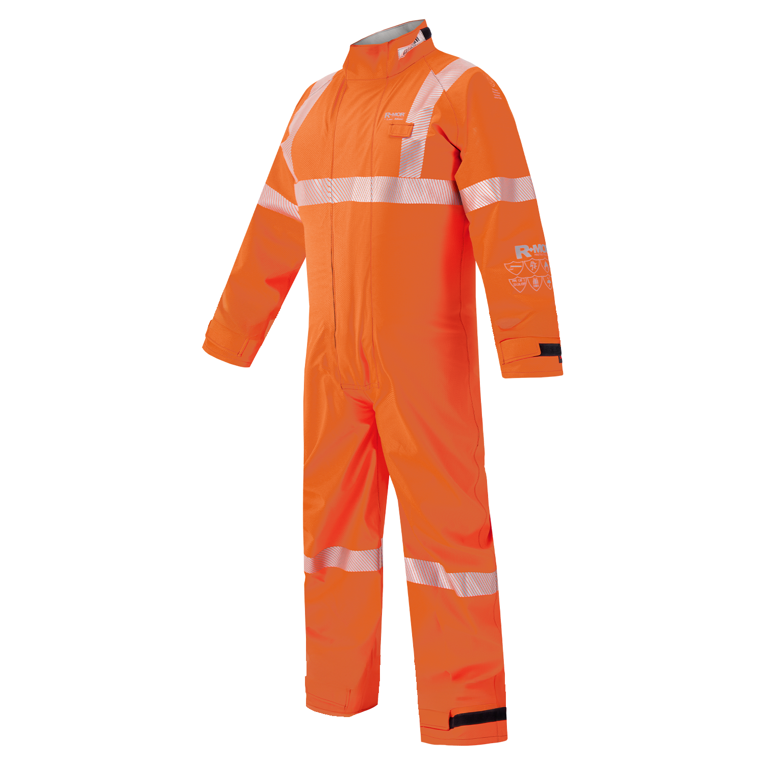The Lac-Mac Limited High-Visibility Multi-Haz Protective Coverall 763ZABJ offers safety and visibility in hazardous areas, with bright orange fabric and reflective stripes, designed for flammable liquid chemical hazards.