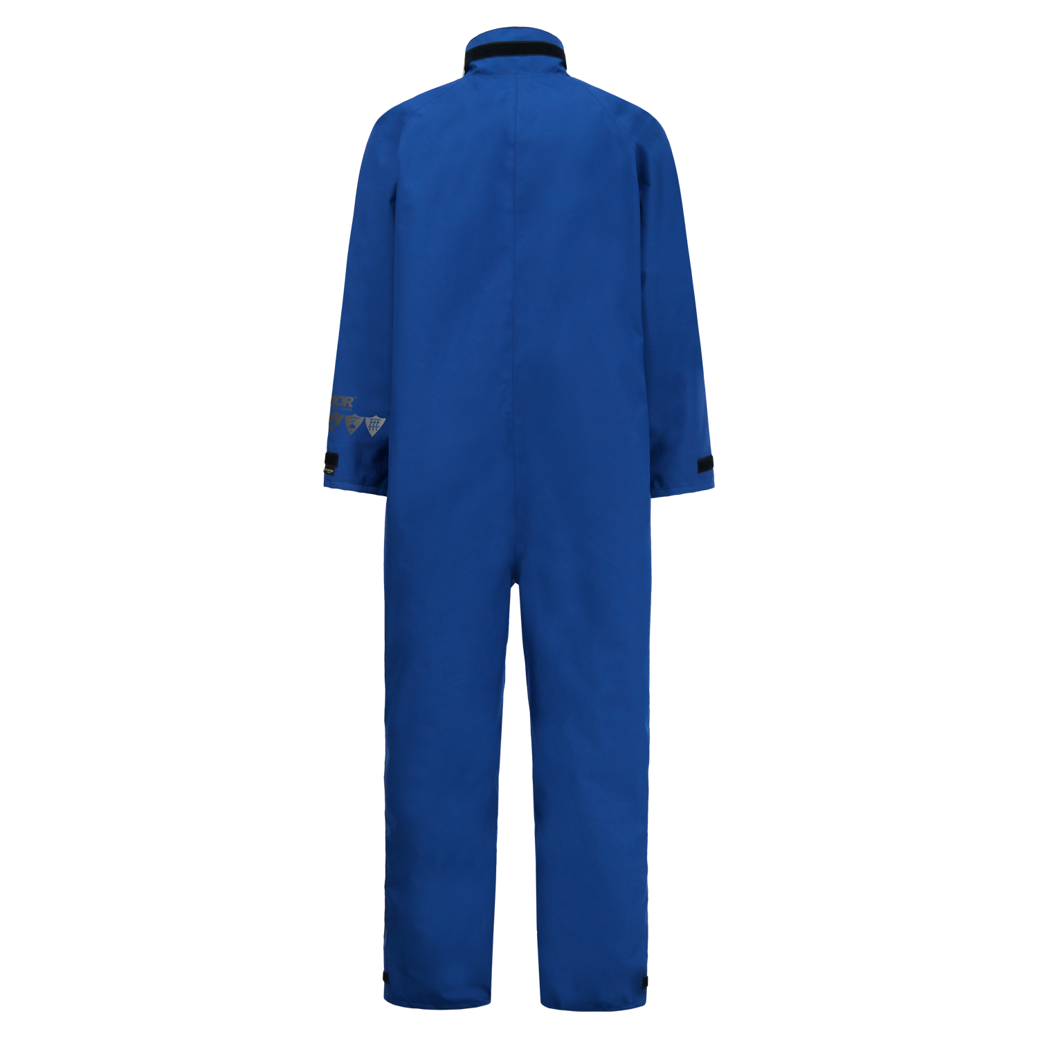A back view of a blue, Lac-Mac, Limited Multi-Haz Protective Coverall, for flammable liquid chemical hazards, 763ZA with long sleeves and a zipper closure up to the collar.