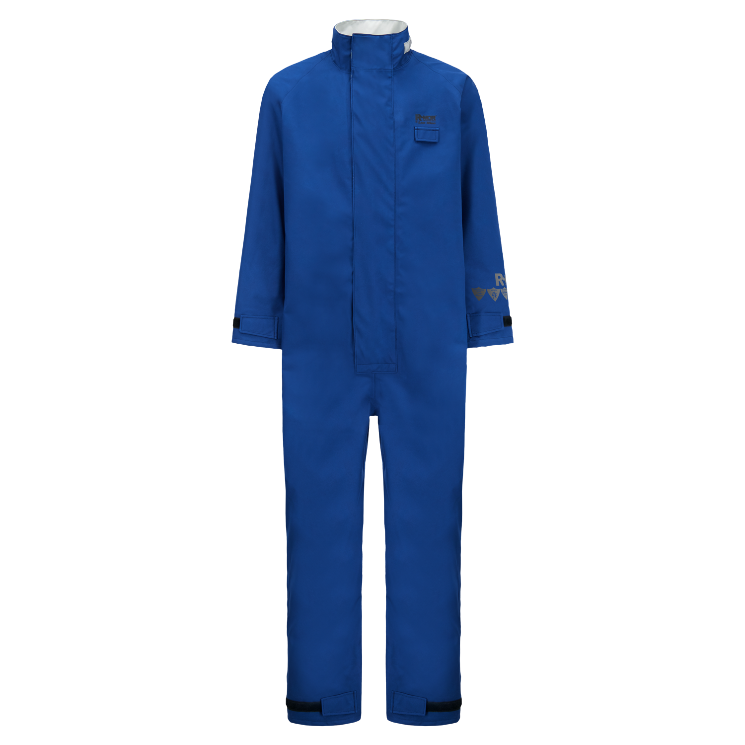 A blue, full-body Lac-Mac, Limited Multi-Haz Protective Coverall, for flammable liquid chemical hazards, 763ZA with a front zipper. Crafted with GORE-TEX PYRAD®, the coverall features long sleeves, a high collar, and elastic cuffs at the wrists and ankles for superior protection against the elements.