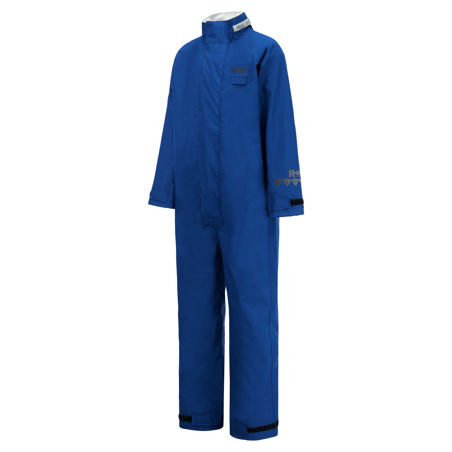 A blue, full-body protective jumpsuit with a front zipper and velcro closures on the cuffs and ankles, designed as an FR ARC-Flash Rated Liquid Chemical Splash Protective Coverall is the Lac-Mac, Limited Multi-Haz Protective Coverall, for flammable liquid chemical hazards, 763ZA.