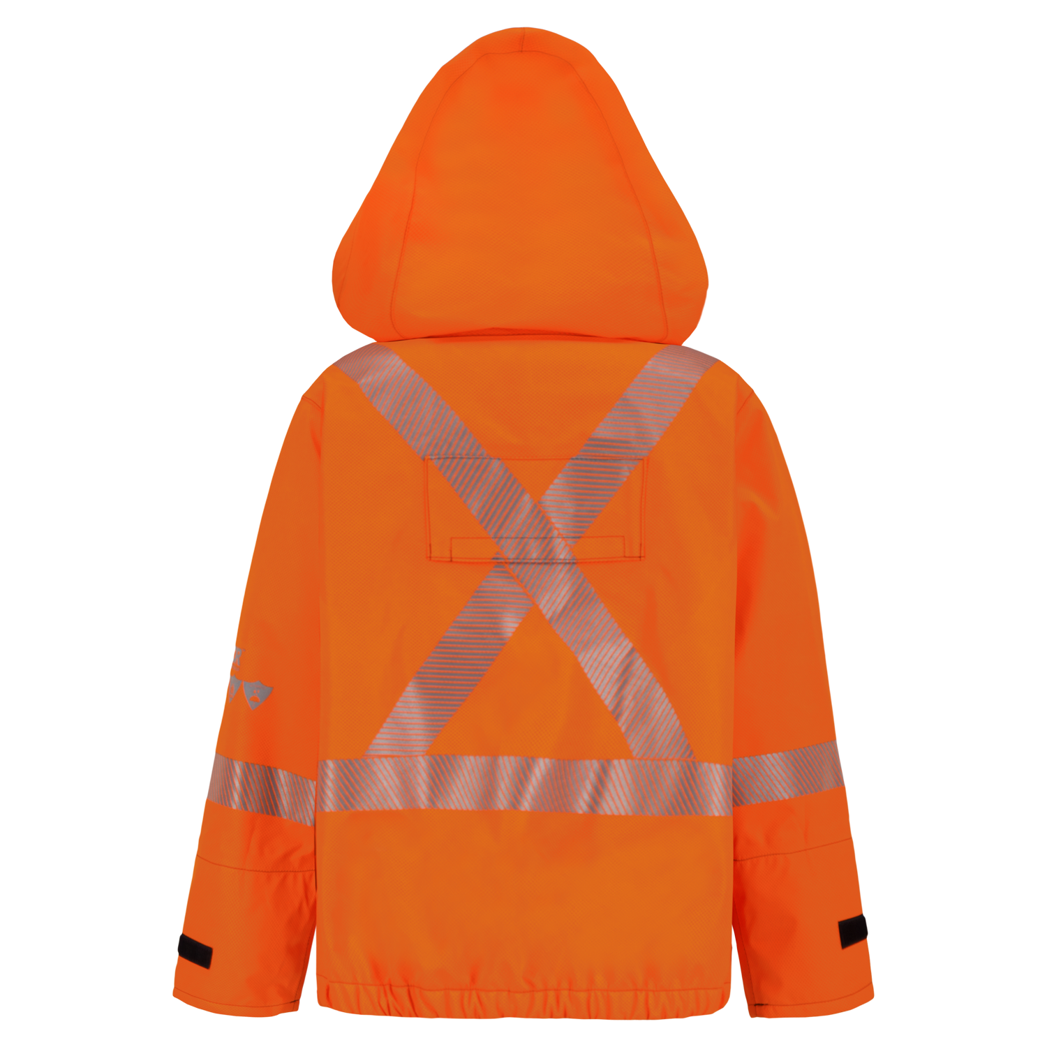 High-visibility orange Lac-Mac, Limited Jacket, High-Visibility FR/ARC Rated, Canadian Markings, Regular, 707F-GM with reflective silver X-back stripes, a hood, and black adjustable cuffs. This FR ARC-Flash Rated jacket is PPE Category 3 compliant for ultimate safety.