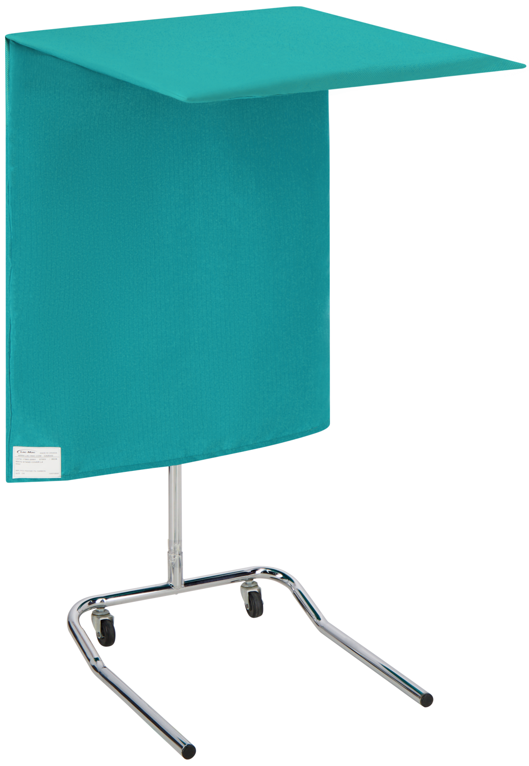 A teal podium with a chrome base on wheels is shown against a plain background, featuring Lac-Mac, Limited's Mayo Stand Cover, Level 4, 75XV for enhanced durability and cleanliness.