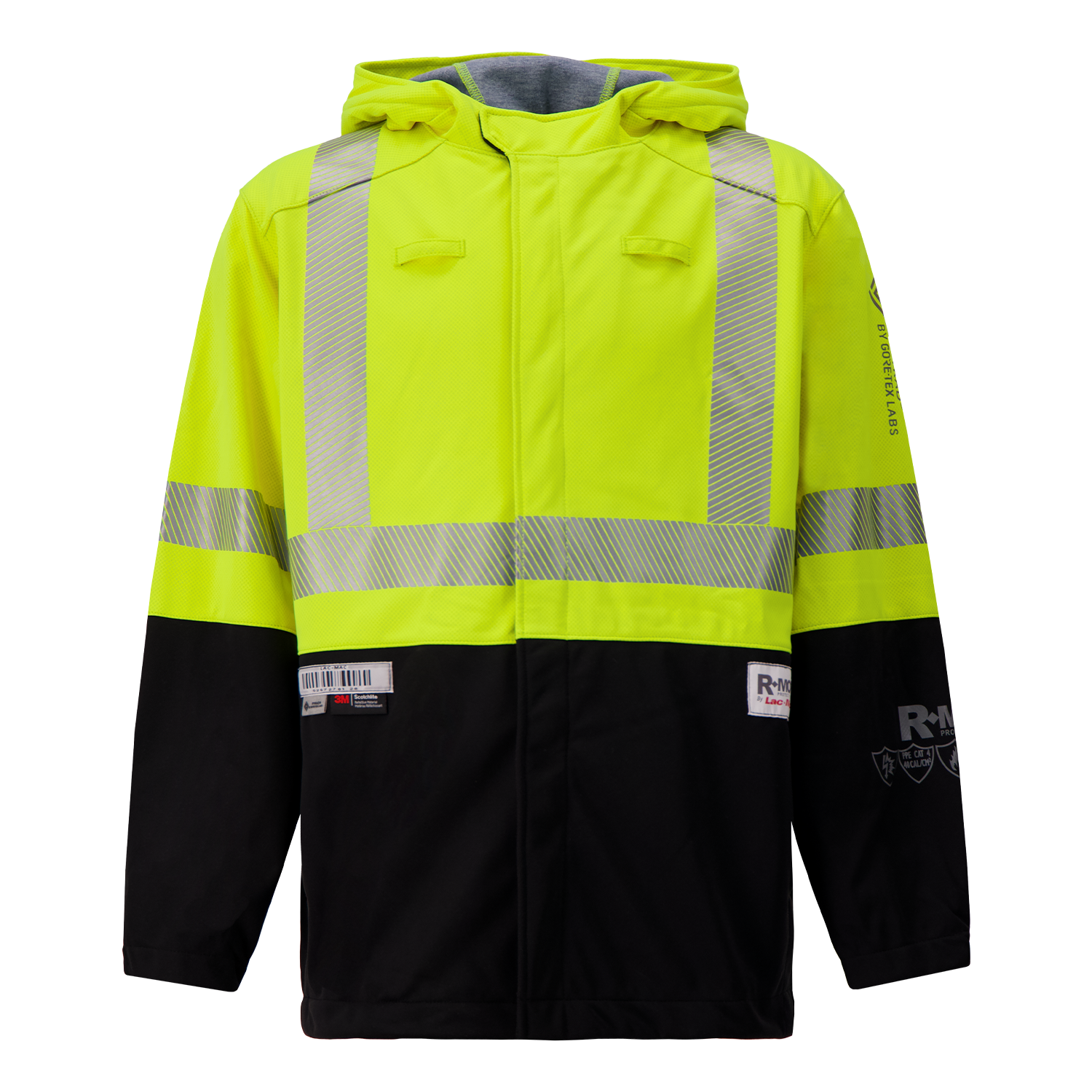 High-visibility yellow and black jacket with reflective silver stripes, front zipper, hood, and various labels on the front and sleeve, displayed on a plain background.