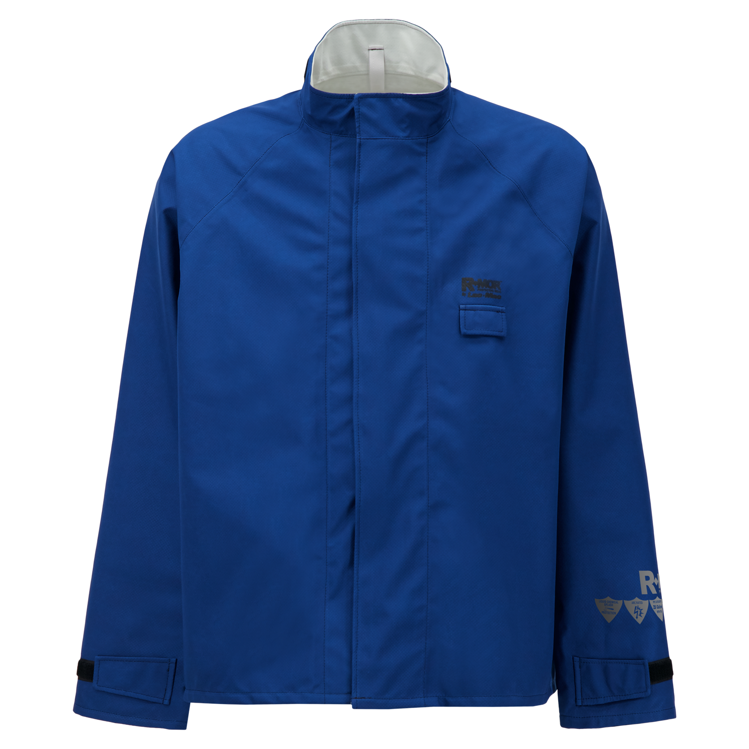 A blue zip-up jacket with a high collar, front flap, chest pocket, and logo detailing on the chest and left sleeve.