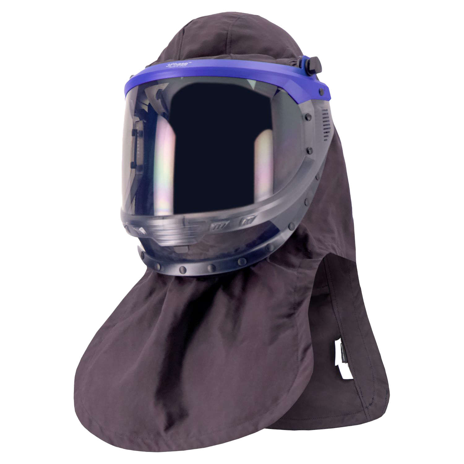 Protective face shield with a clear visor, blue trim, and black fabric hood covering the head, neck, and shoulders, designed for industrial or safety use.