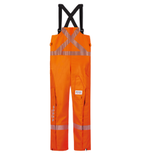 The Lac-Mac Women’s Overall, High-Visibility FR/ARC Rated (706FWAA), features bright orange fabric, reflective strips, black shoulder straps, and multiple pockets, displayed on a plain white background.