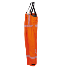 The Lac-Mac Women's Overall 706FWAA is a high-visibility FR/ARC-rated coverall in orange with reflective stripes, black suspenders, pockets, and adjustable cuffs, shown against a plain white background.