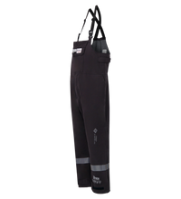 The Lac-Mac Switch Suit Overall, 75 Cal. ARC Rated (706KA), features black waterproof fabric, reflective ankle bands, adjustable straps, and side pockets. PPE Category 4 protection ensures safety; displayed on a plain white background.
