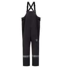 The Lac-Mac Switch Suit Overall, 75 Cal. ARC Rated (706KA) is a black CAT 4 FR bib overall with adjustable straps and reflective leg bands, shown on a white background—ideal for high-risk work environments.